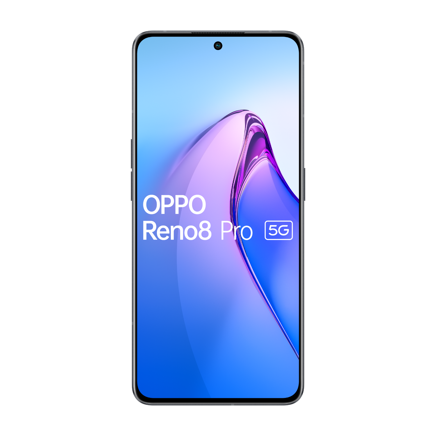 Smartfon OPPO Reno8 Pro 5G z ekranem wyświetlającym fioletowo-niebieski abstrakcyjny wzór, czarne tło.