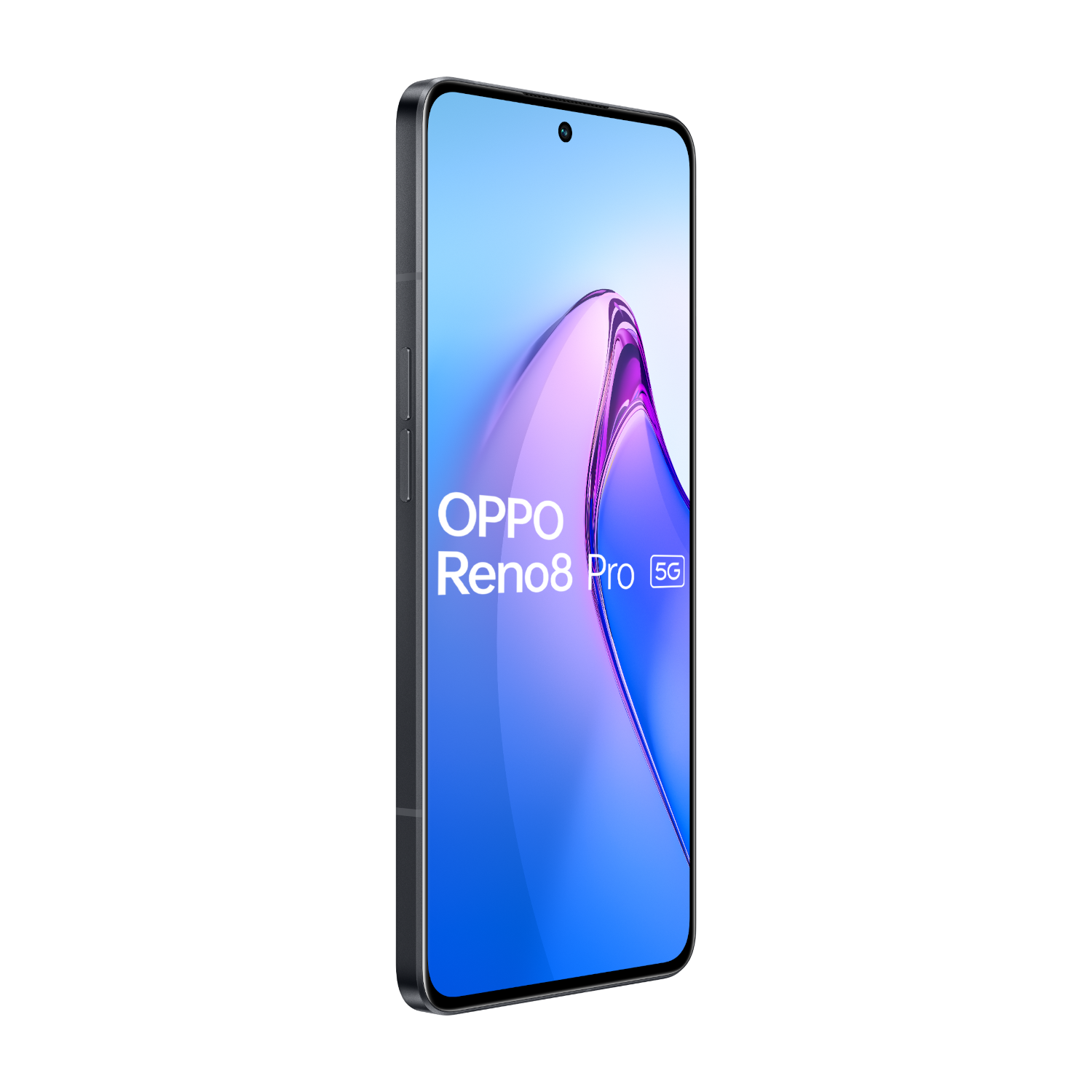 Czarny smartfon z dużym ekranem, wyświetlający kolorowy abstrakcyjny obraz, pochylony w lewo.