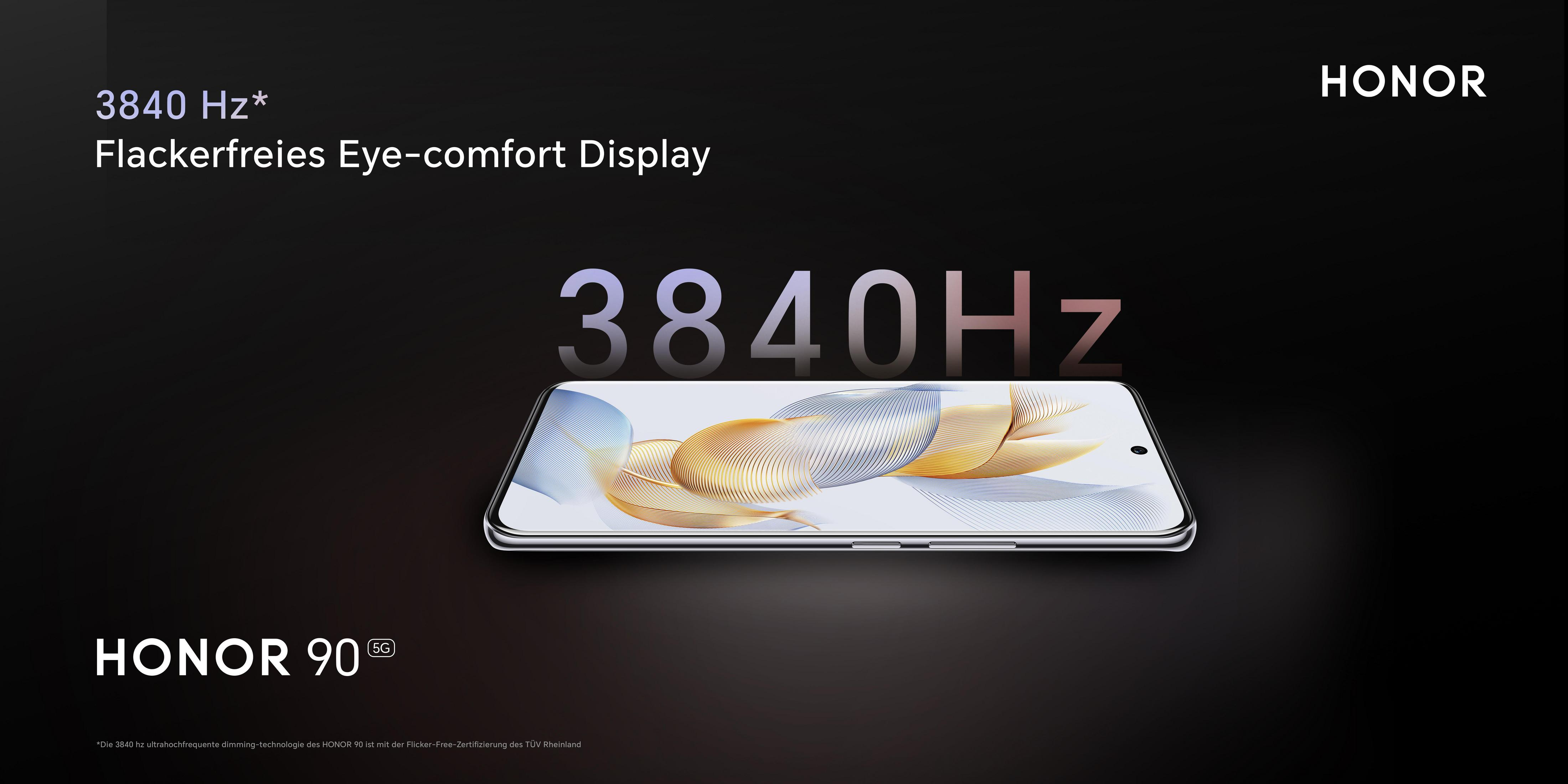 Czarny telefon Honor 90 5G na ciemnym tle z tekstem i grafiką.