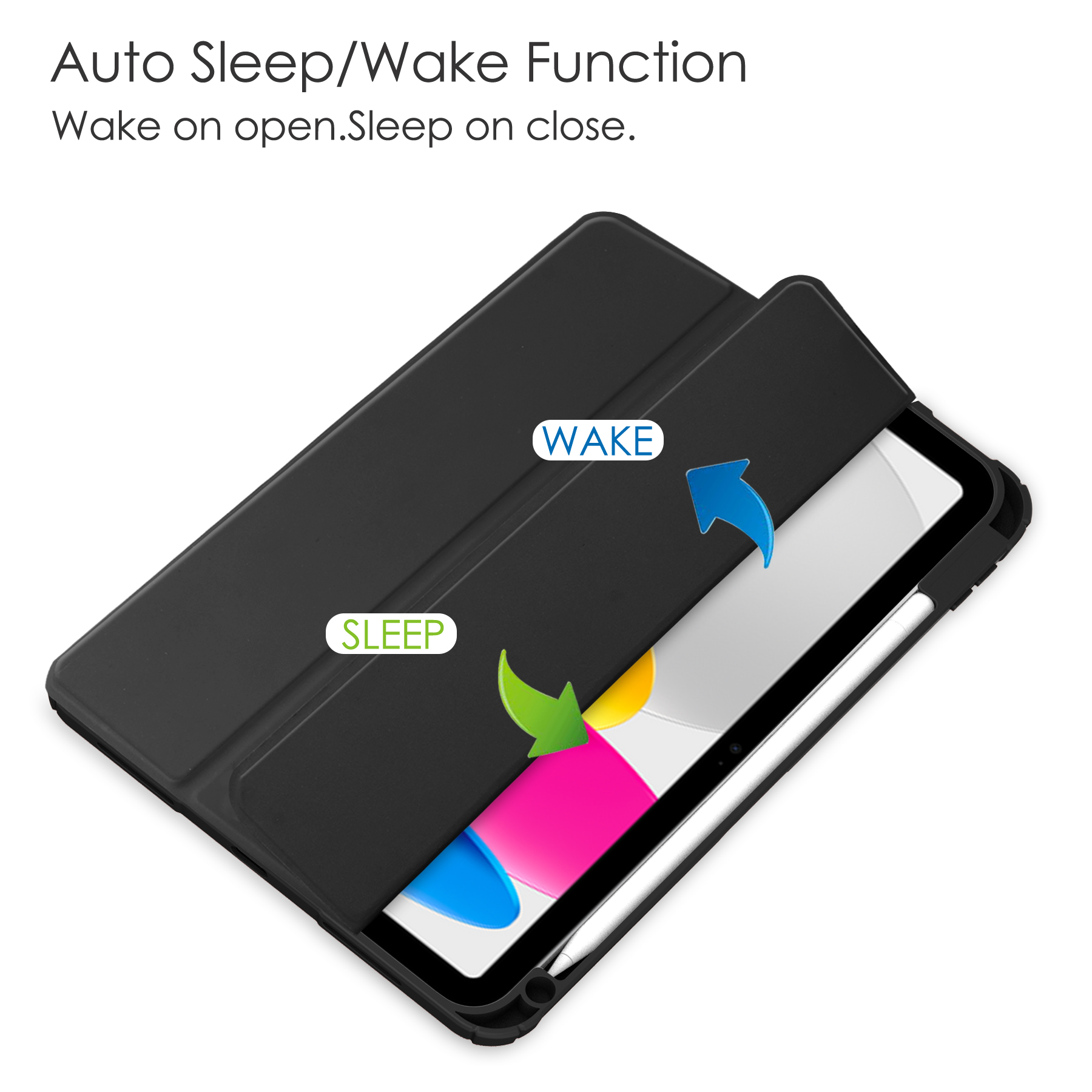 Ein Tablet in einer schwarzen Hülle mit Aufwach- und Schlaf-Funktion und einem Stift.
