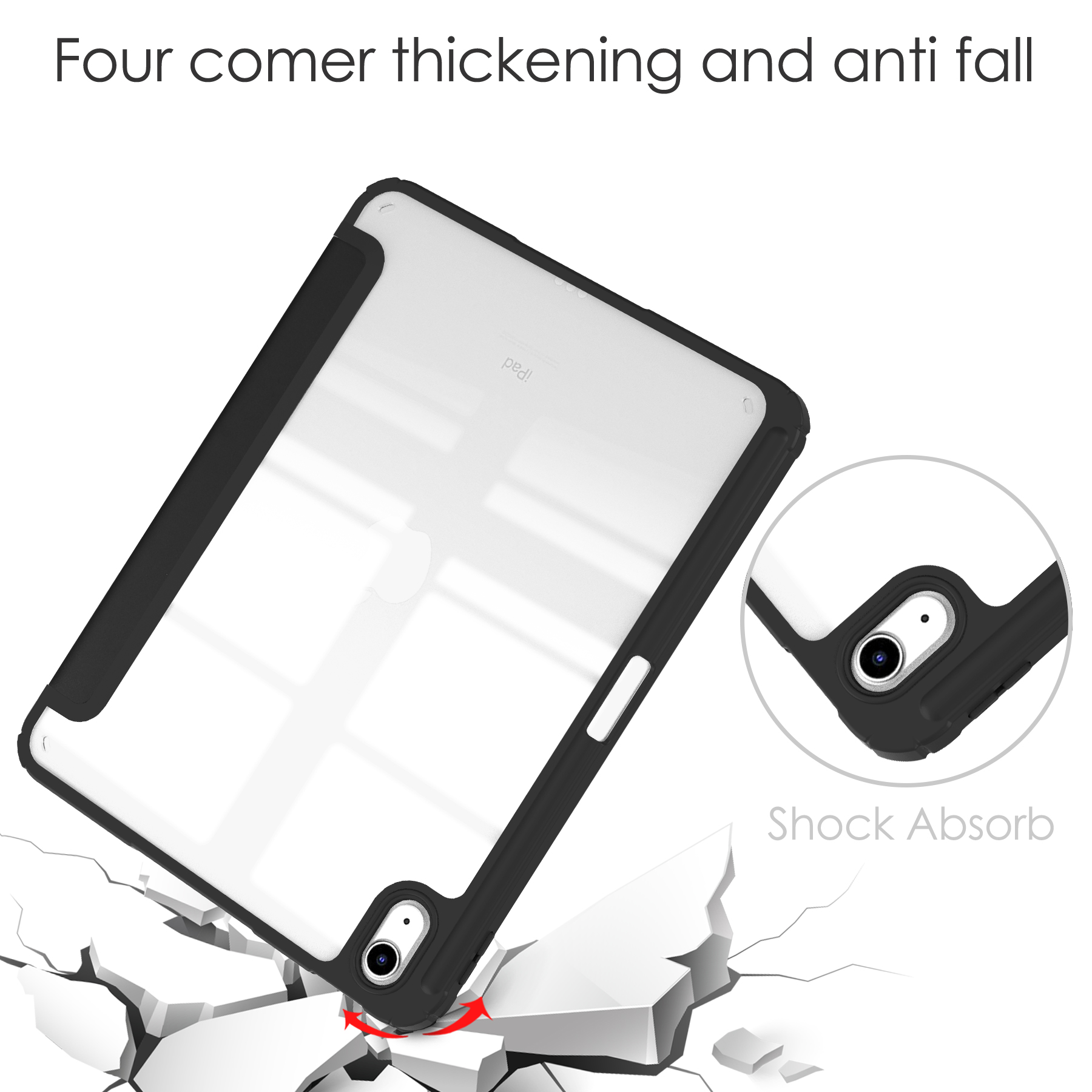 Eine iPad-Hülle, schwarz mit weißen Kanten, zeigt die Worte 'Shock Absorb' und 'Four corner thickening'.