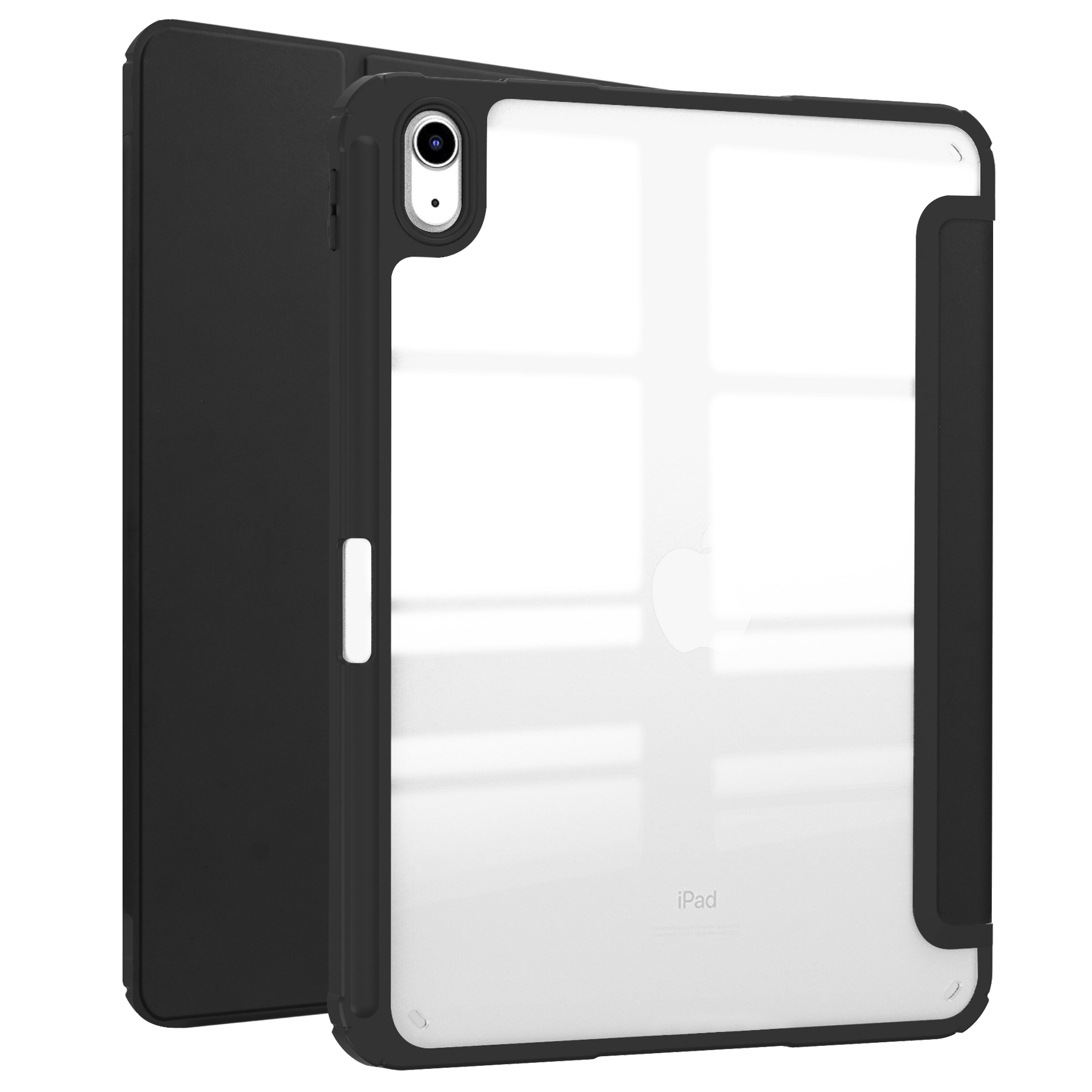 Schwarze iPad-Hülle mit transparentem Rücken. Es ist abgewinkelt und zeigt das Apple-Logo.
