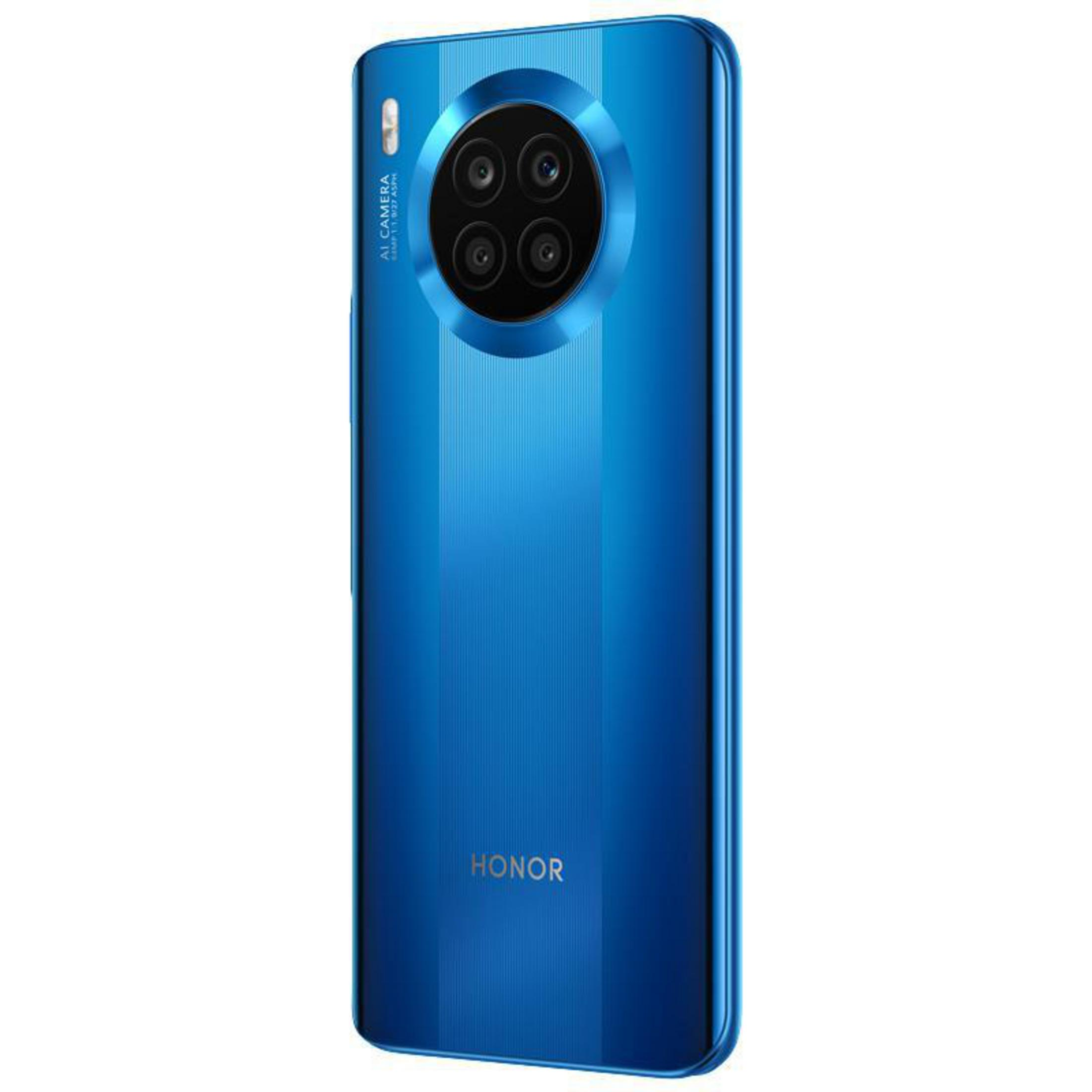Niebieski tył smartfona z czterema aparatami i logo HONOR.