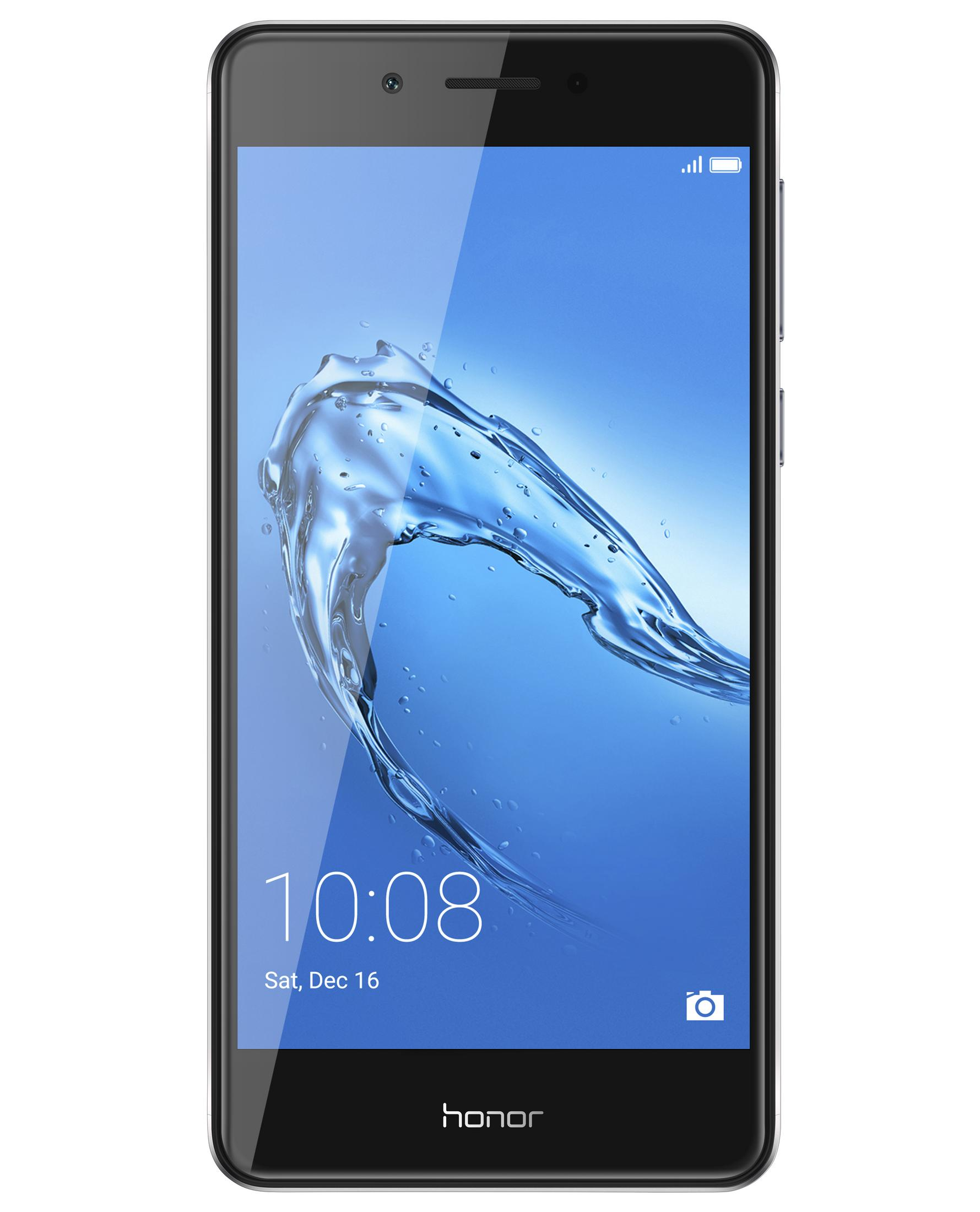 Schwarzes Honor-Telefon mit Wassertropfen-Hintergrund. Zeit ist 10:08, Datum Sa, 16. Dez.