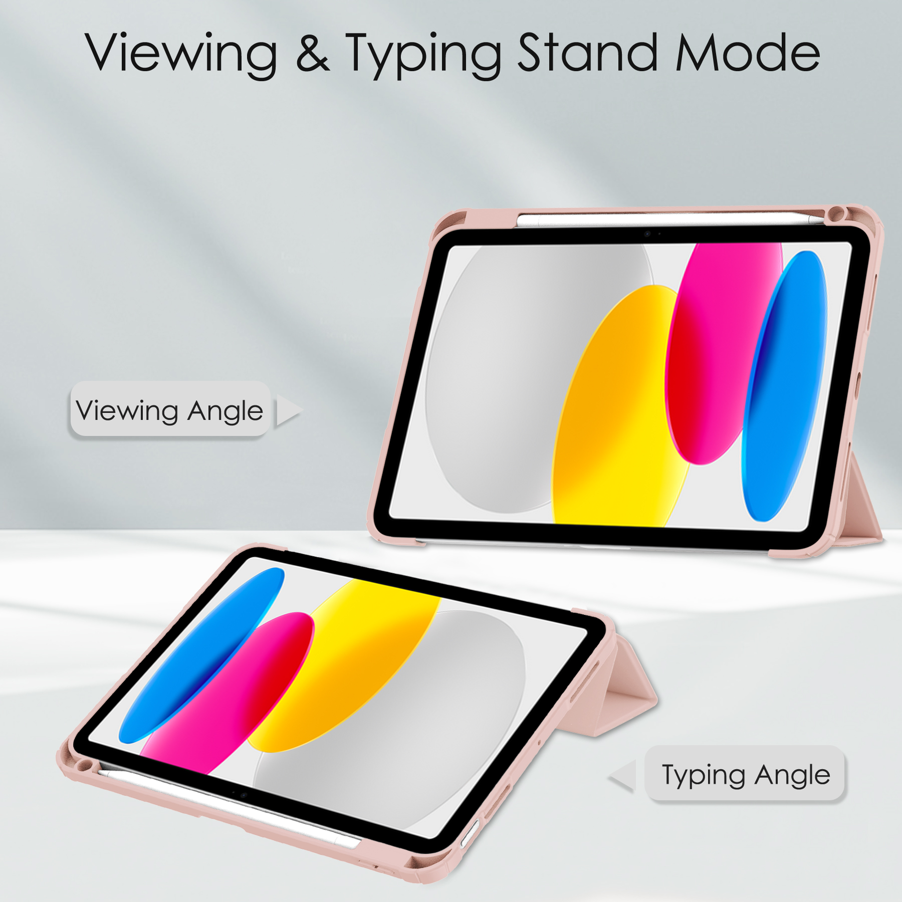 Zwei rosa iPads werden gezeigt, eines im Anzeigemodus und eines im Tippmodus, mit weißem Hintergrund.