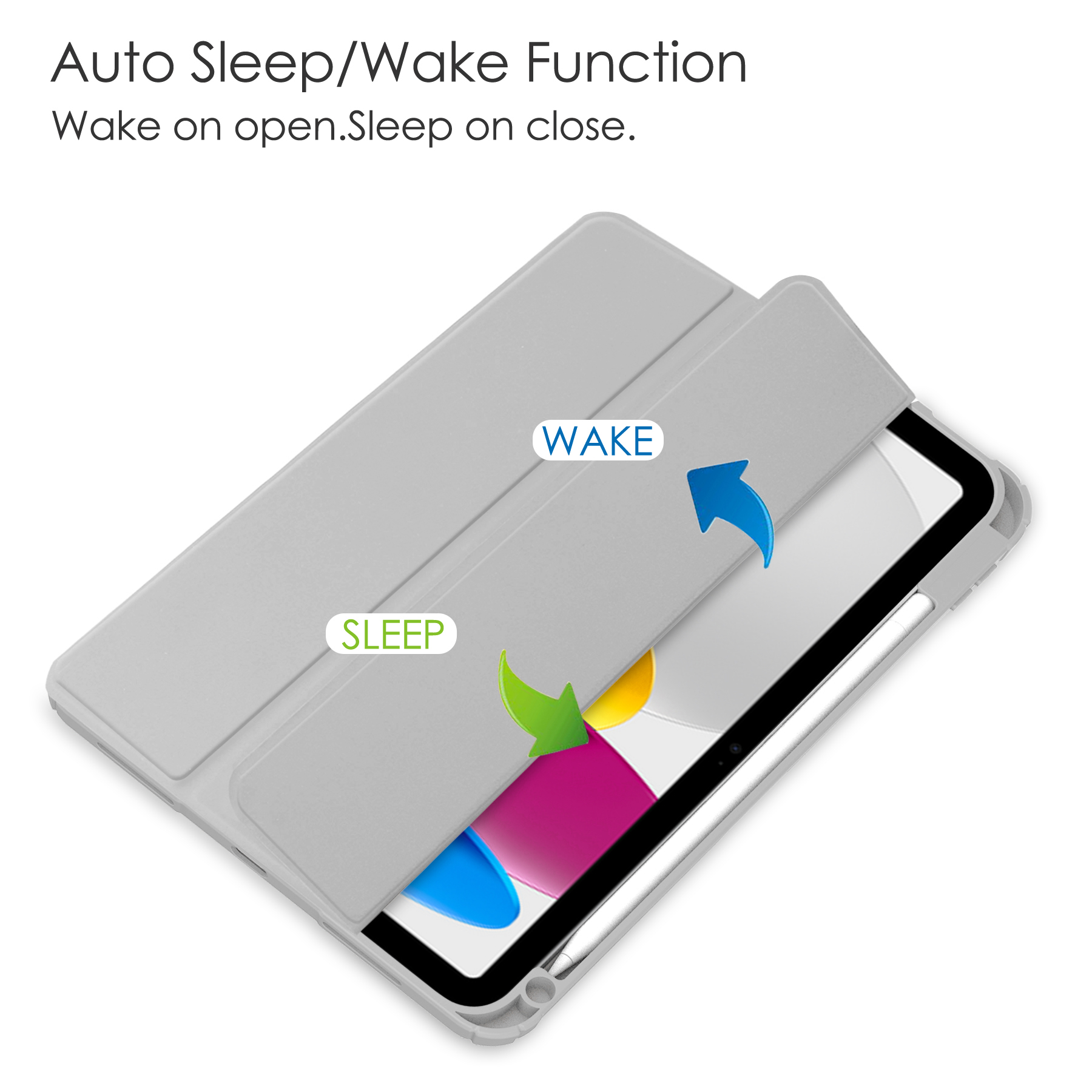 Graue Tablet-Hülle geöffnet, mit Tablet und Stift. Text: 'Auto Sleep/Wake Function'.