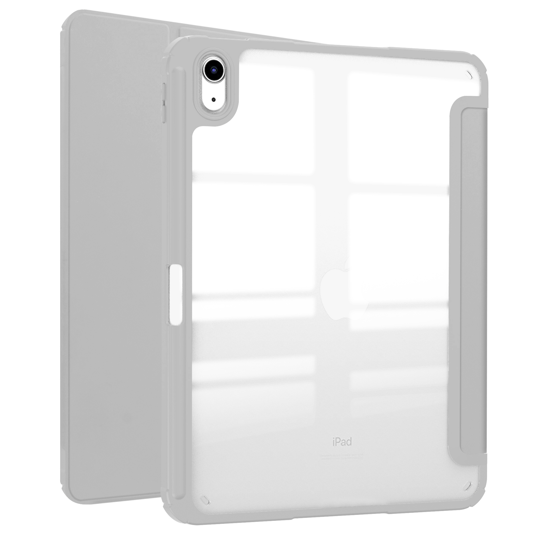 Graues iPad-Case, zweiteilig, offen, mit dem iPad an Ort und Stelle. Eine transparente Bildschirmschutzfolie ist sichtbar. Weißer Hintergrund.