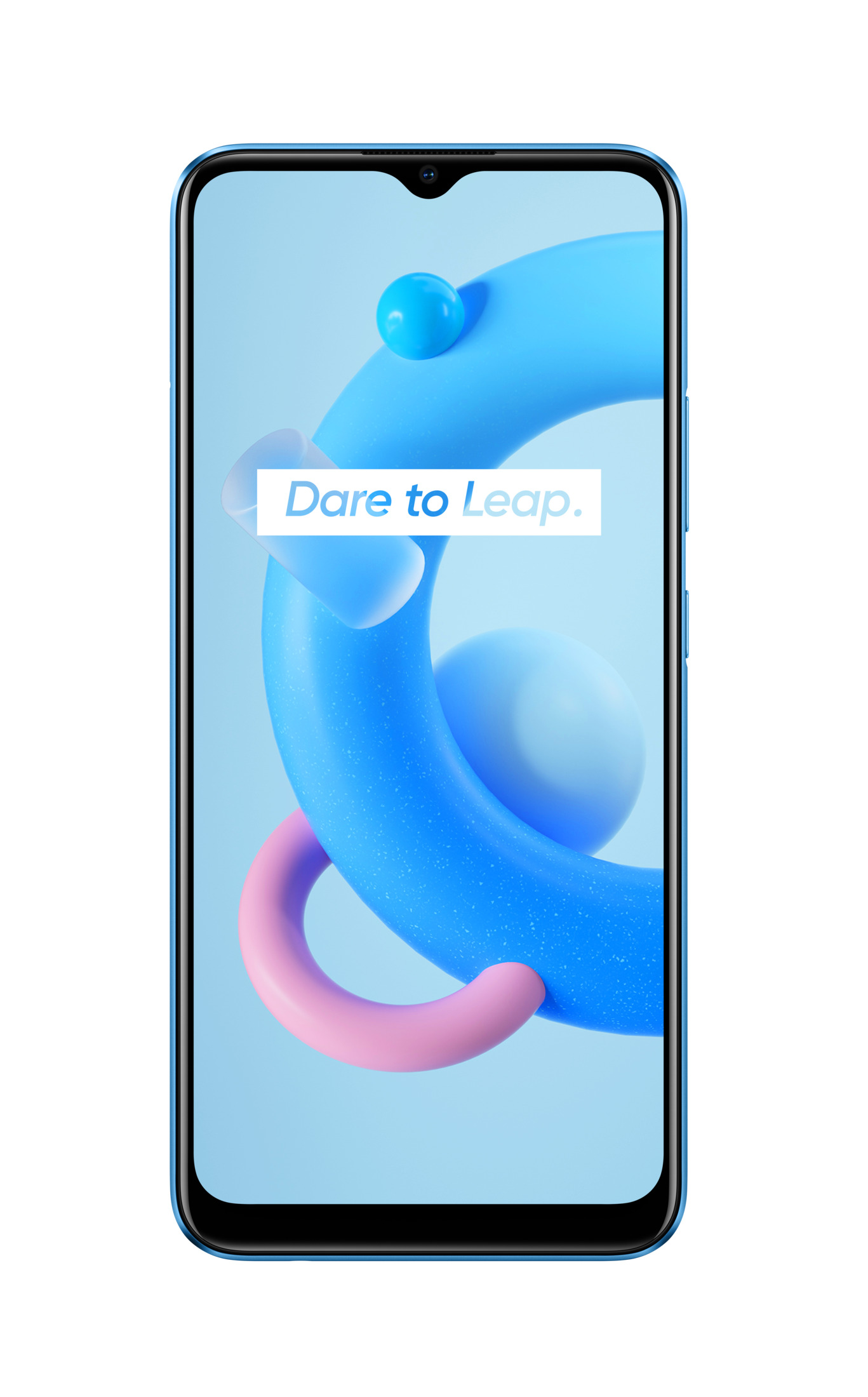 Ein blaues Smartphone mit einem Display, das ein farbenfrohes Design und den Text 'Dare to Leap' zeigt.