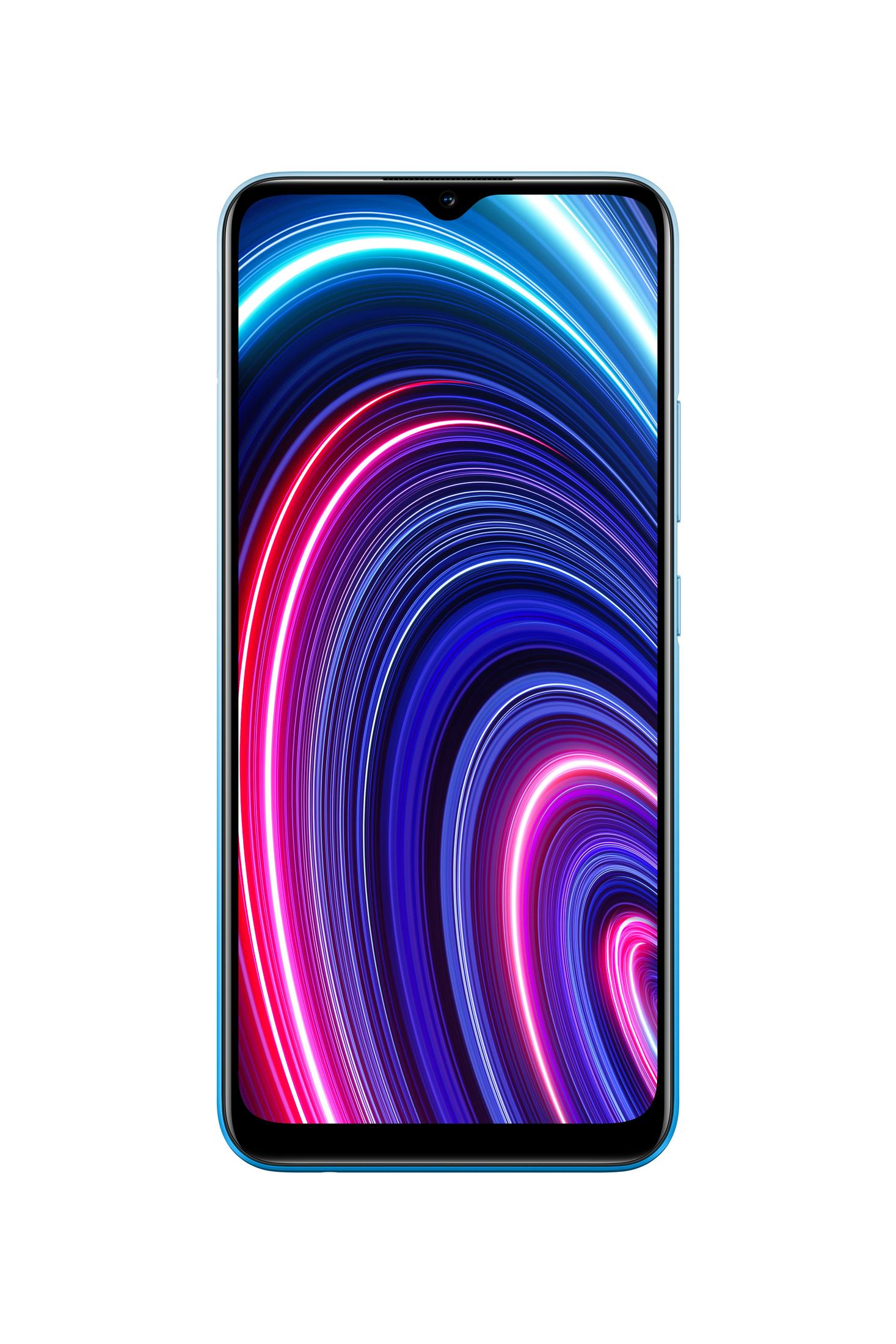 Ein blaues Smartphone mit einem lebendigen Display, das wirbelnde rosa und blaue Lichtmuster zeigt.