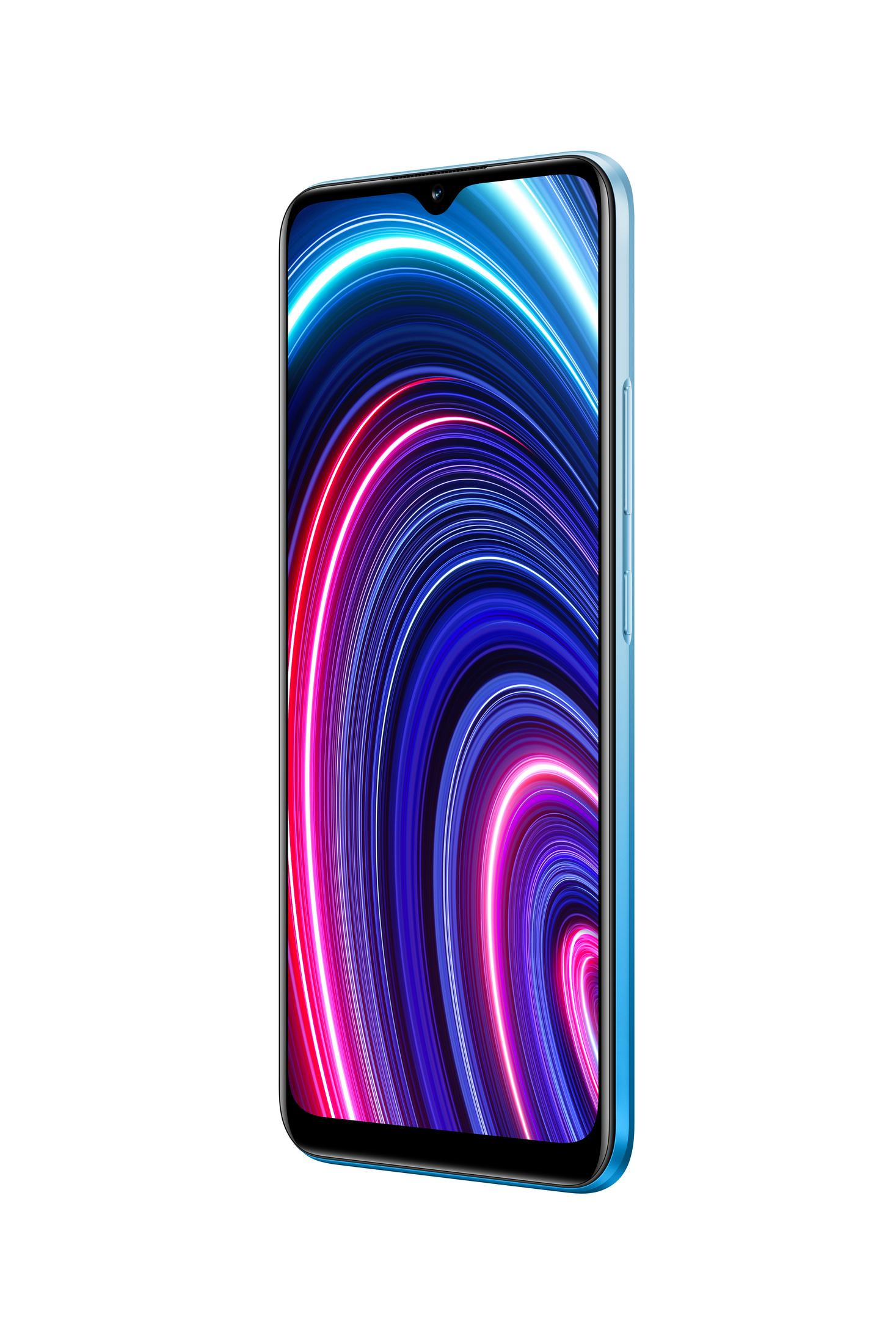 Ein hellblaues Smartphone-Display mit farbenfrohem Wirbelmuster. Das Telefon wird angezeigt.