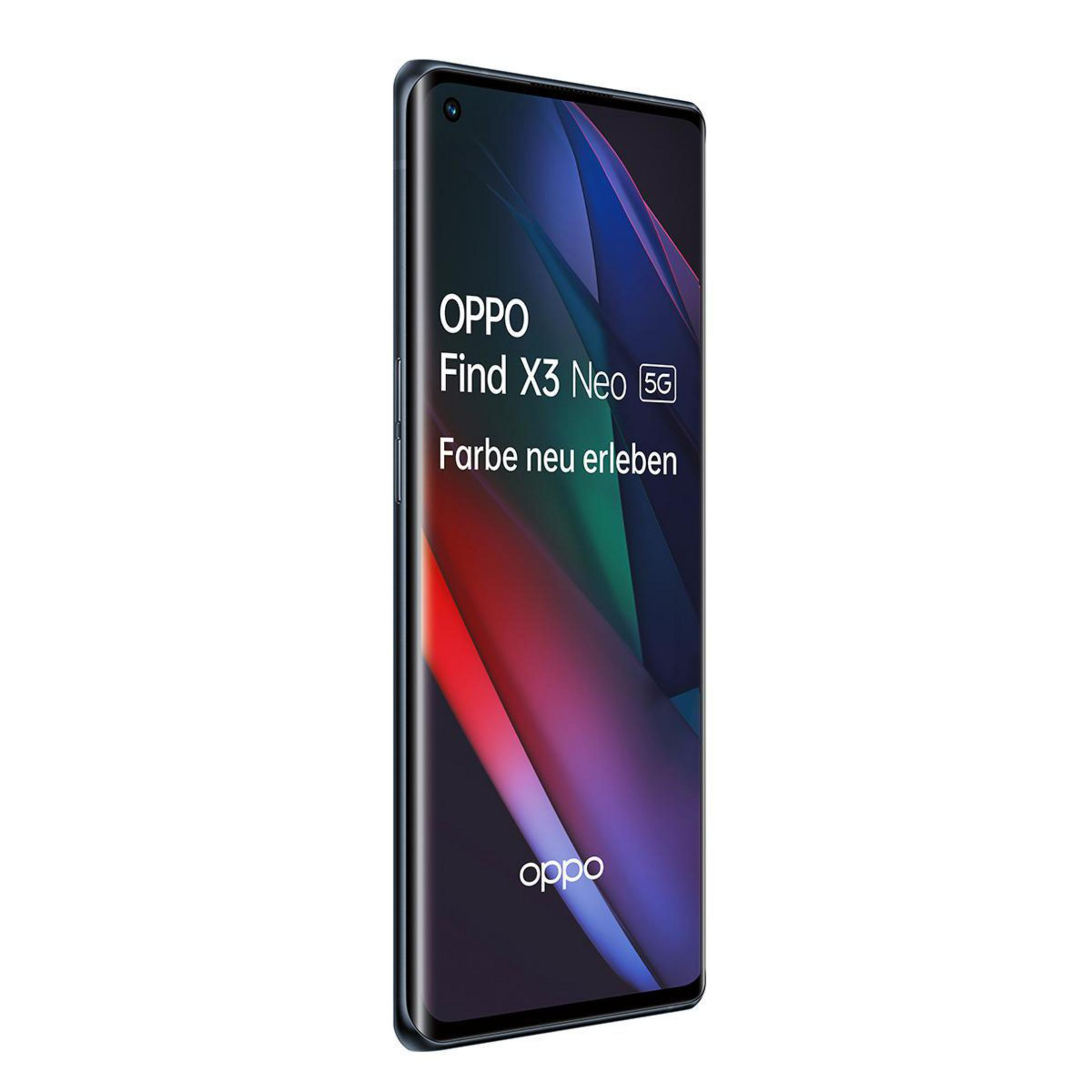 Telefon Oppo Find X3 Neo 5G. Czarny telefon z logo Oppo i tekstem "Farbe neu erleben".