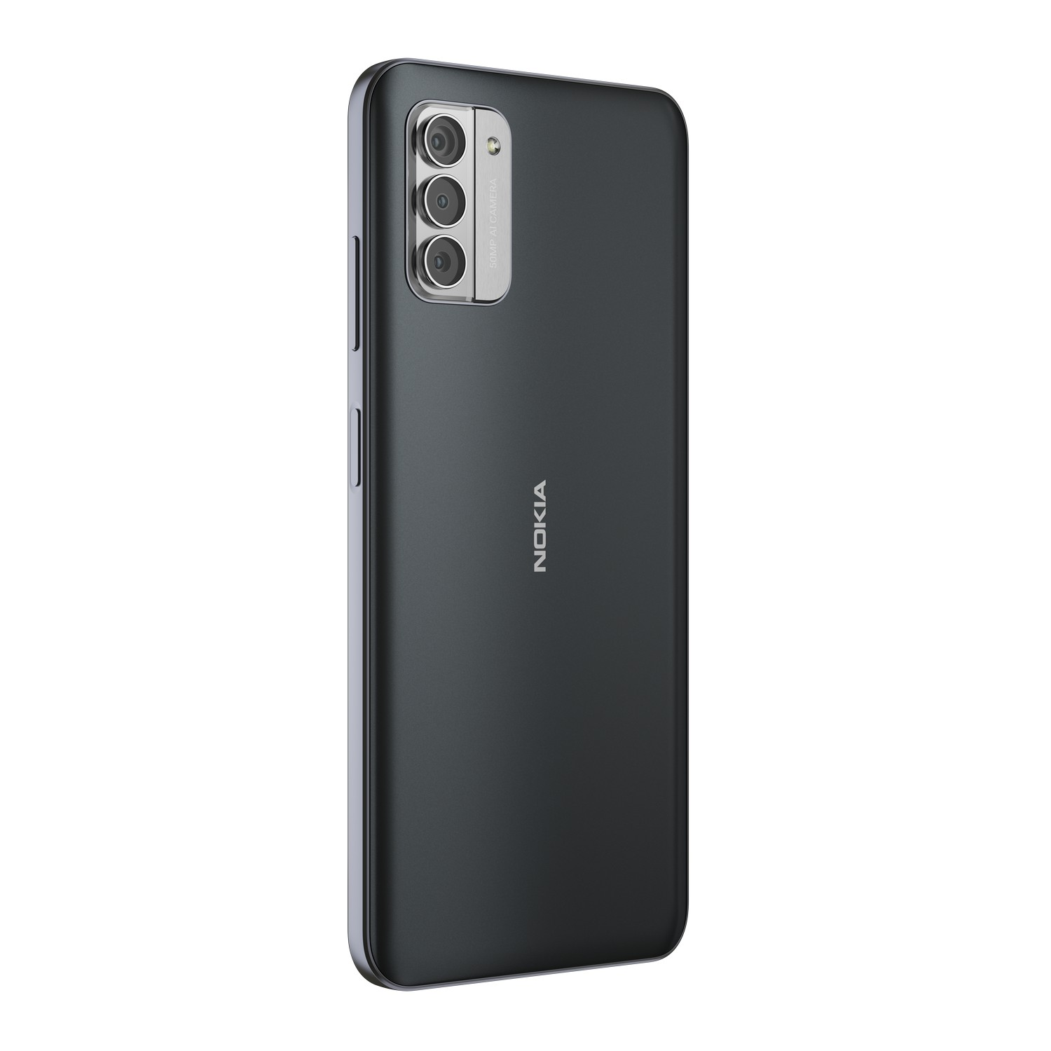 Rückansicht eines dunkelgrauen Nokia-Smartphones mit drei Rückkameras und dem Nokia-Logo.