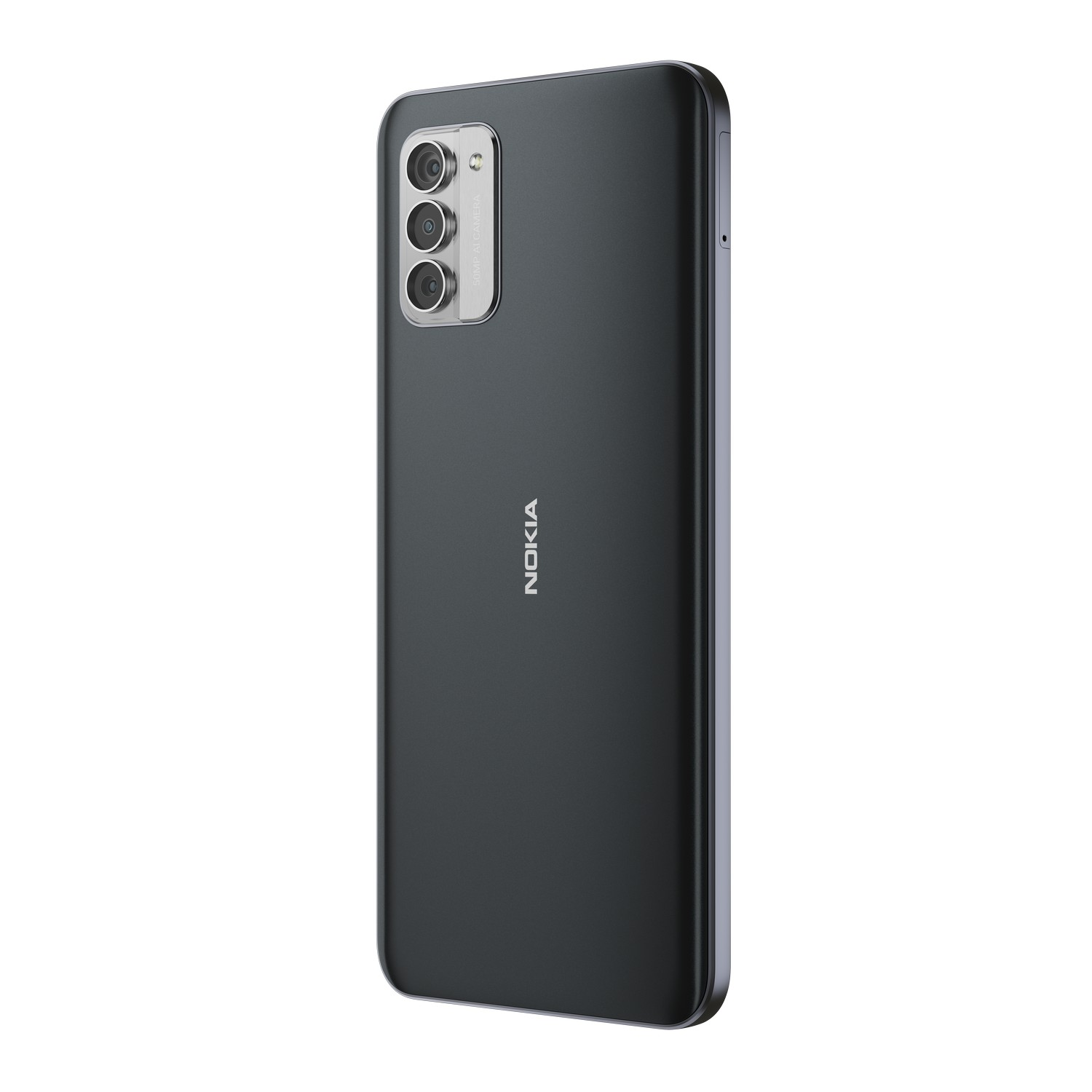 Ein schwarzes Telefon auf weißem Hintergrund von der Seite gesehen.