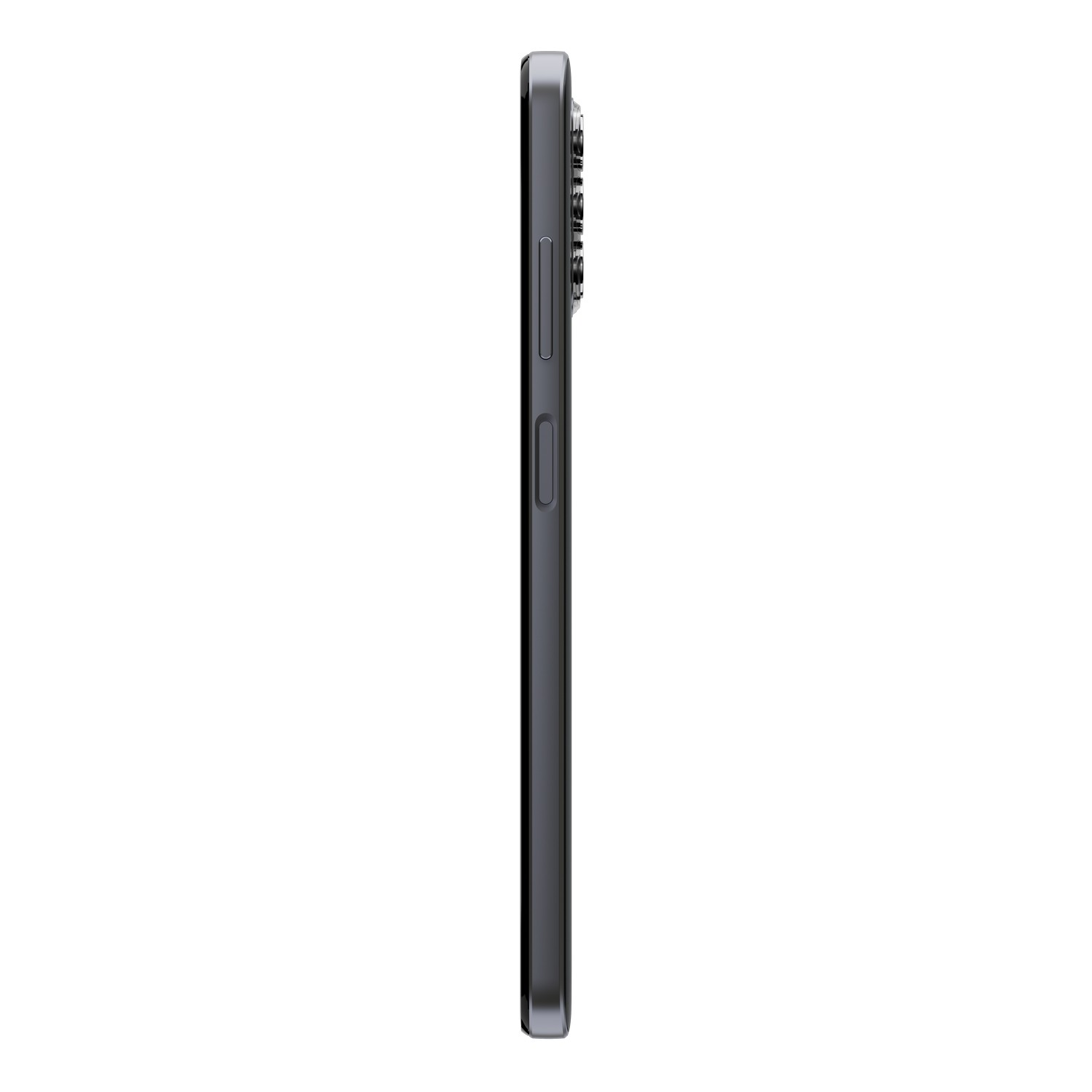 Ein dunkelgraues Smartphone von der Seite, mit Kamera und Tasten.