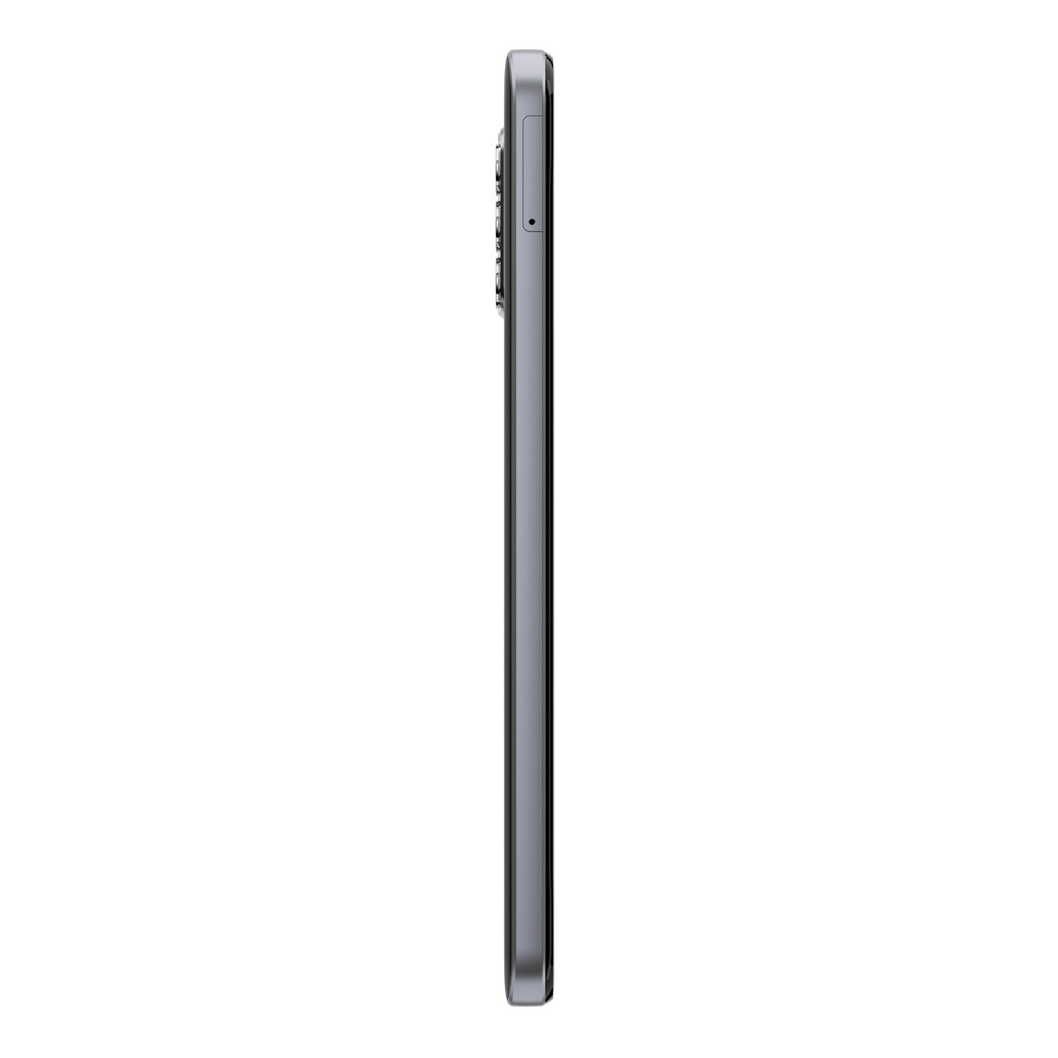 Ein dunkles Smartphone von der Seite, mit Kamerabuckel und Tasten. Es ist grau.
