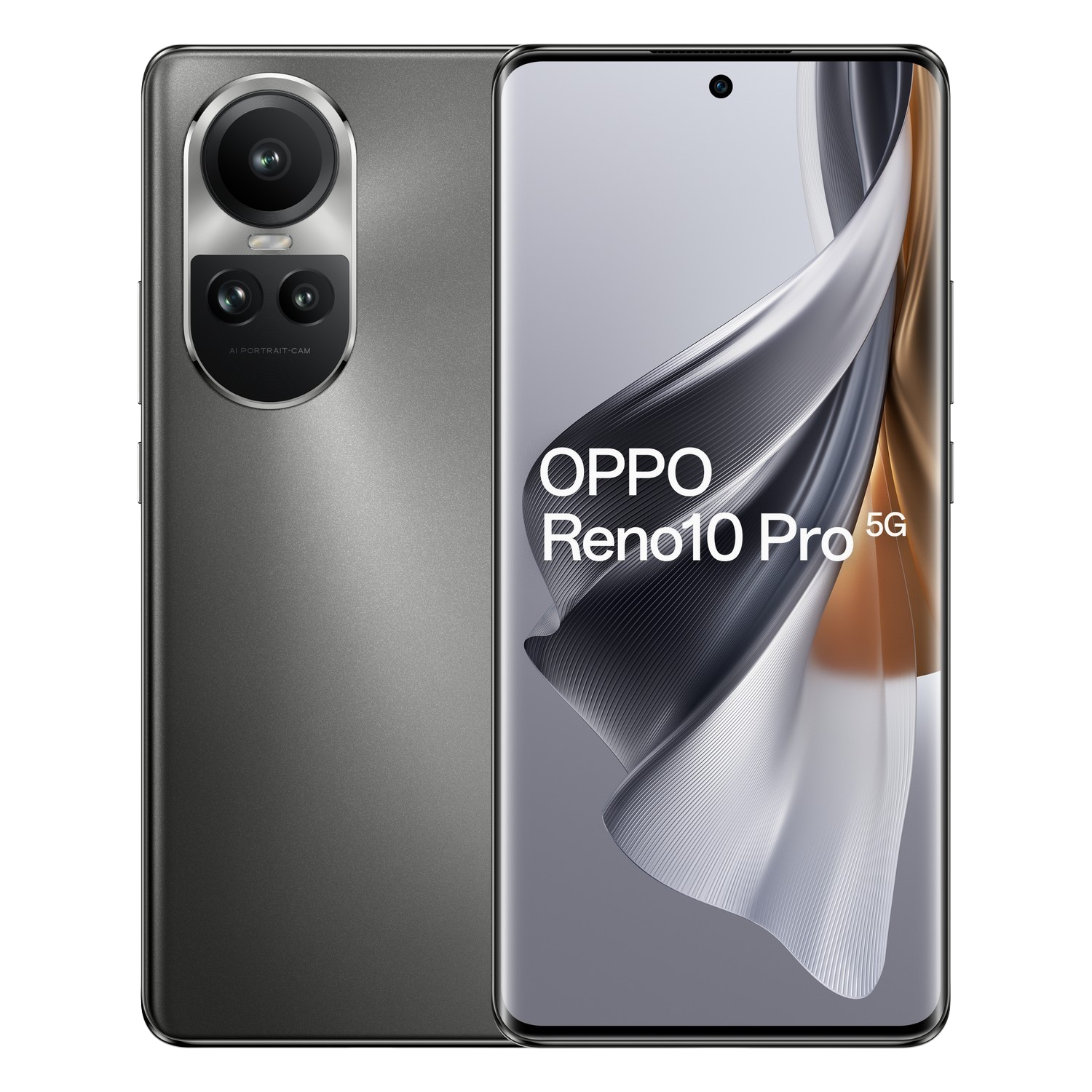 Ein graues Smartphone mit Dual-Objektiv-Kamera und einem Bildschirm mit weißem und braunem Farbverlauf.