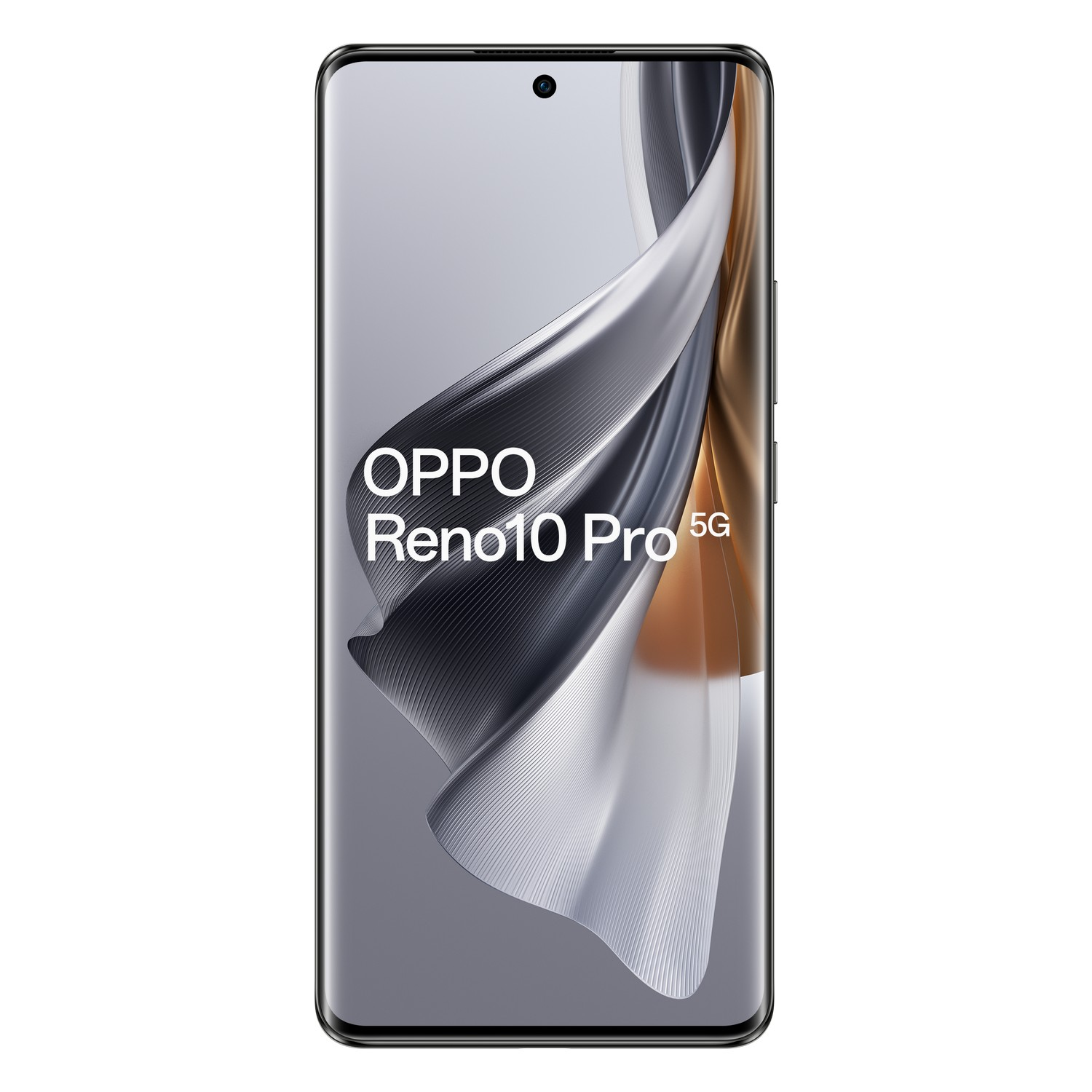 OPPO Reno10 Pro 5G Telefon auf dem Display, mit Text, vor hellem Hintergrund.