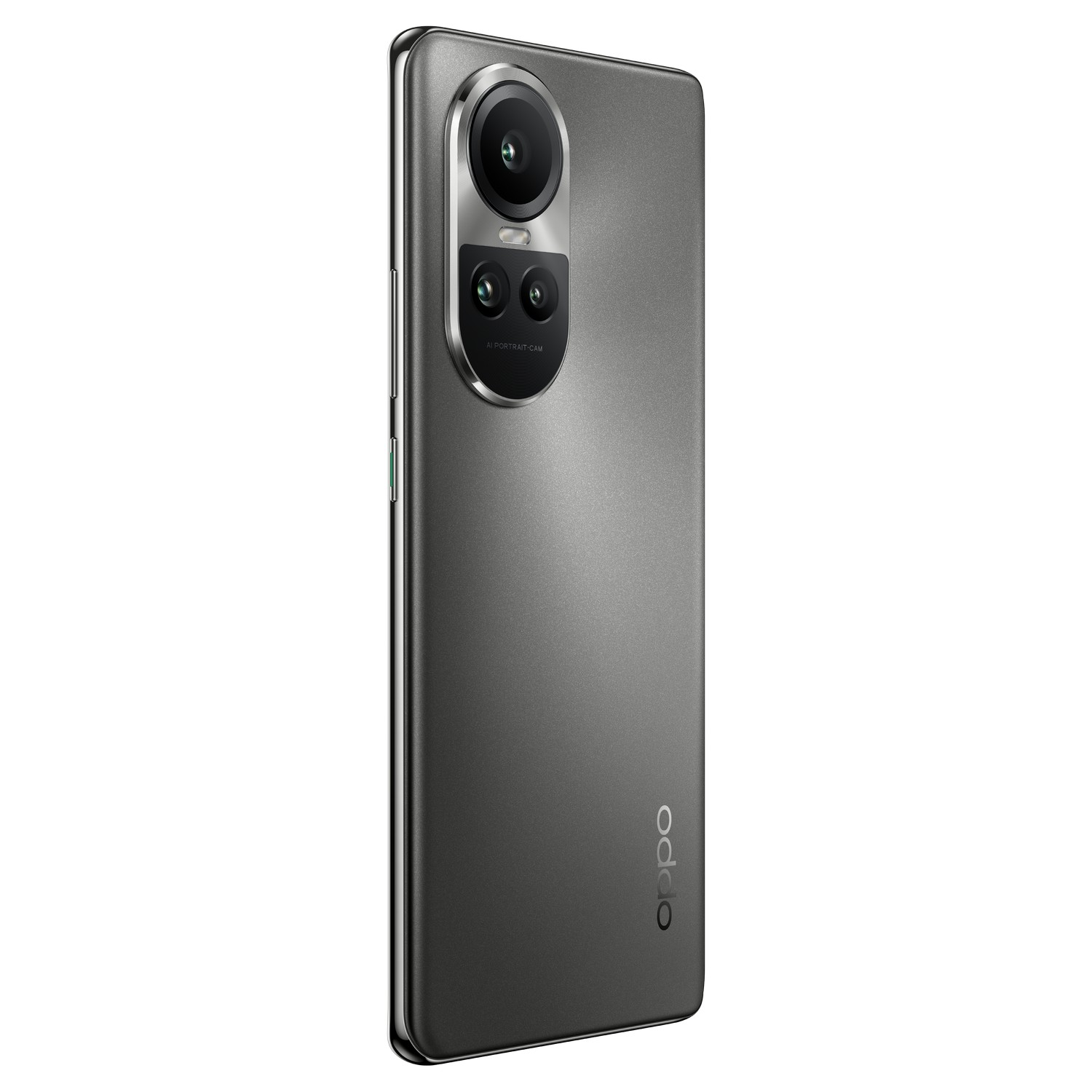 Graues Telefon mit drei Kameras und dem Oppo-Logo.