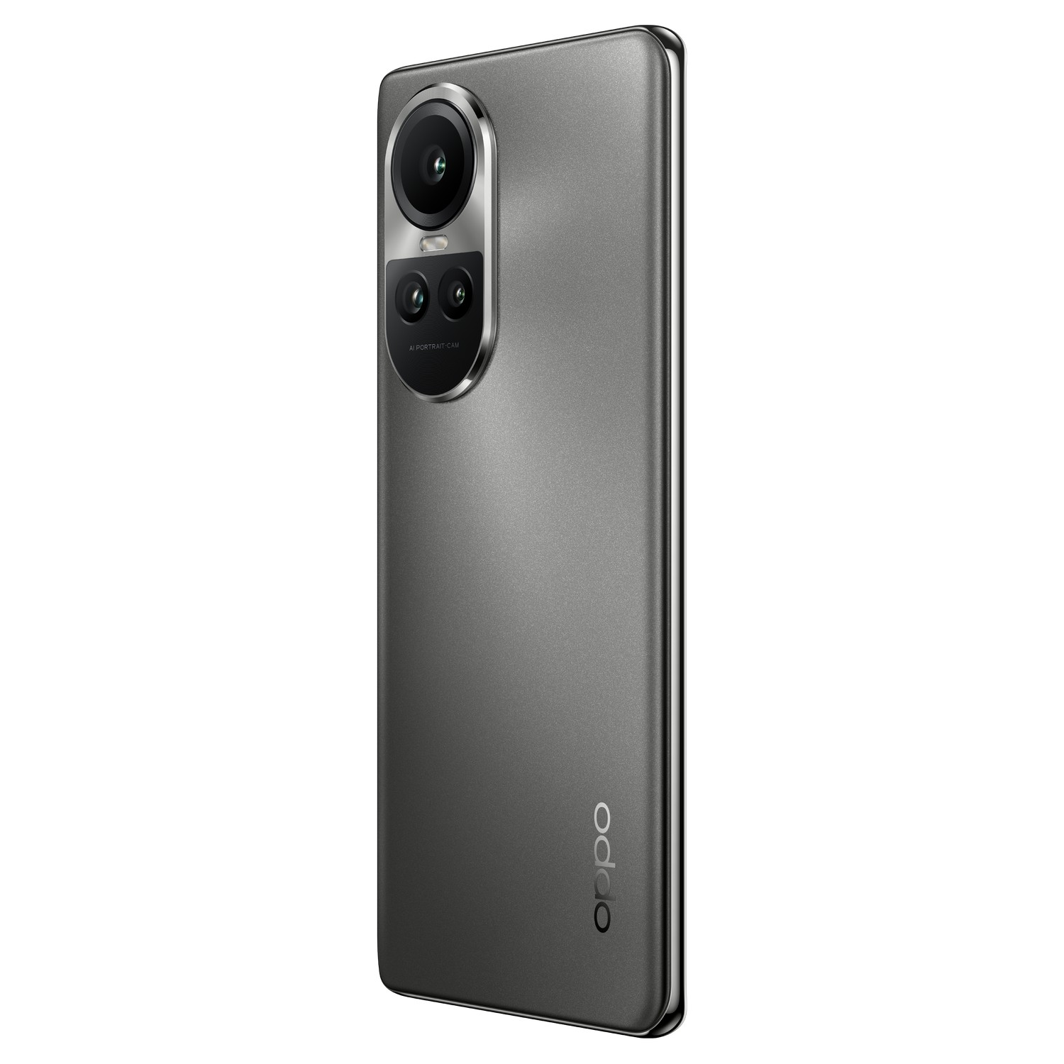 Silbernes Oppo-Telefon, Rückansicht, mit drei Kameras und dem Oppo-Logo.