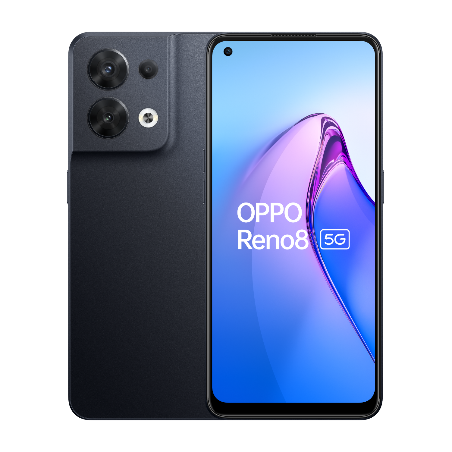 Un teléfono Oppo azul oscuro con 3 cámaras, la pantalla muestra el logotipo de Oppo Reno8 5G.