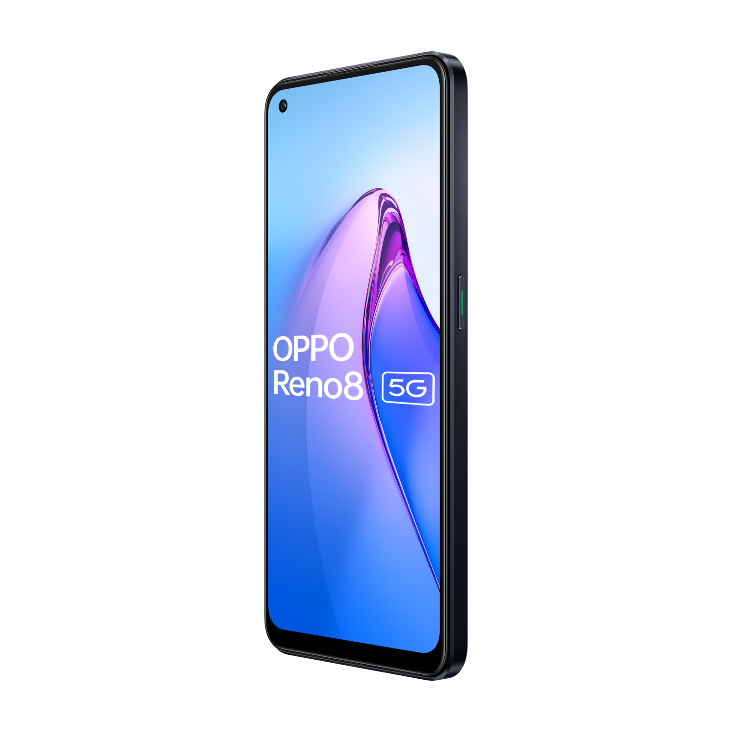Teléfono OPPO Reno8 5G, marco negro, pantalla azul, vista lateral, fondo negro.