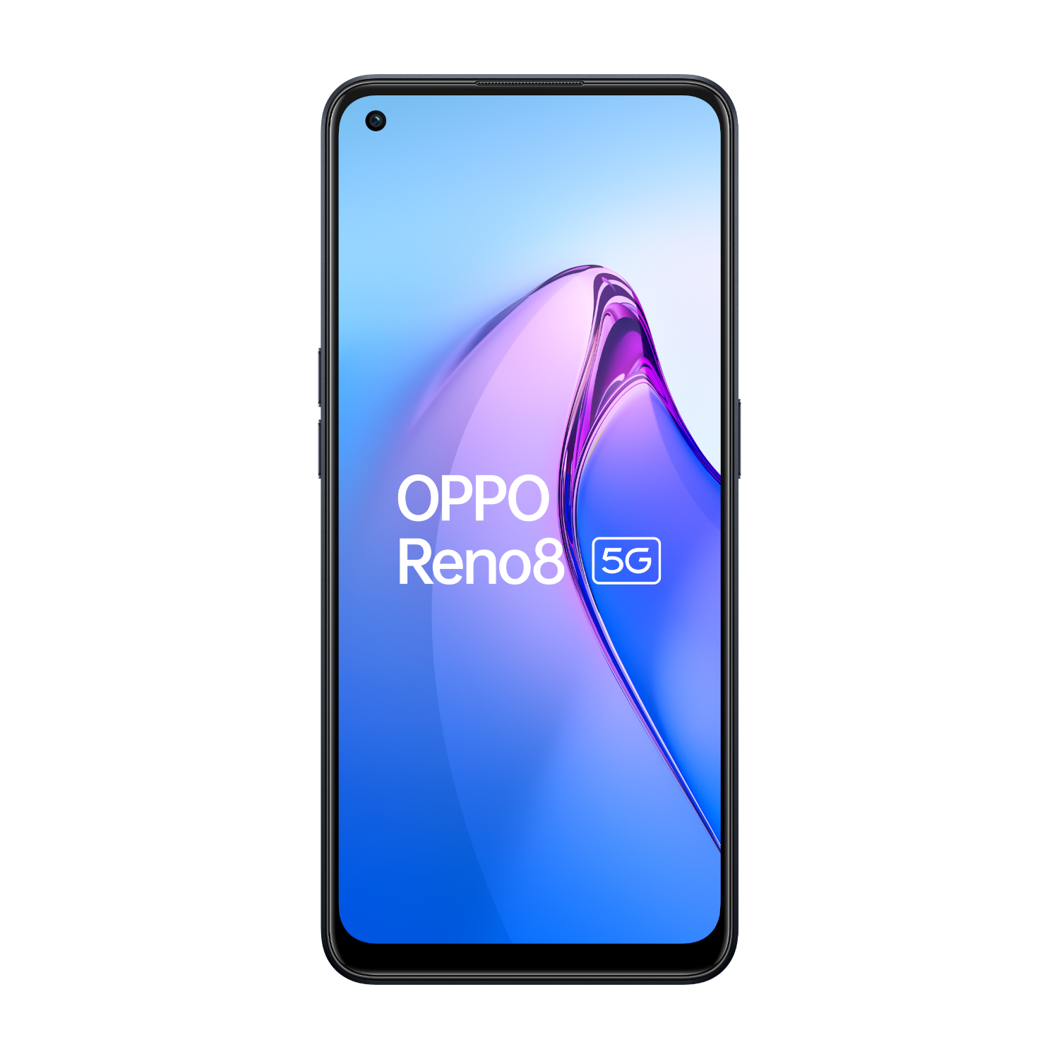 Teléfono negro, vista frontal, con 'OPPO Reno8 5G' en pantalla. Fondo negro.