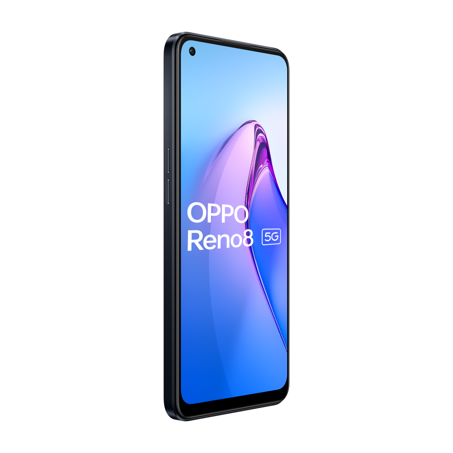 Smartphone Oppo negro con pantalla curva, mostrando un fondo de pantalla.