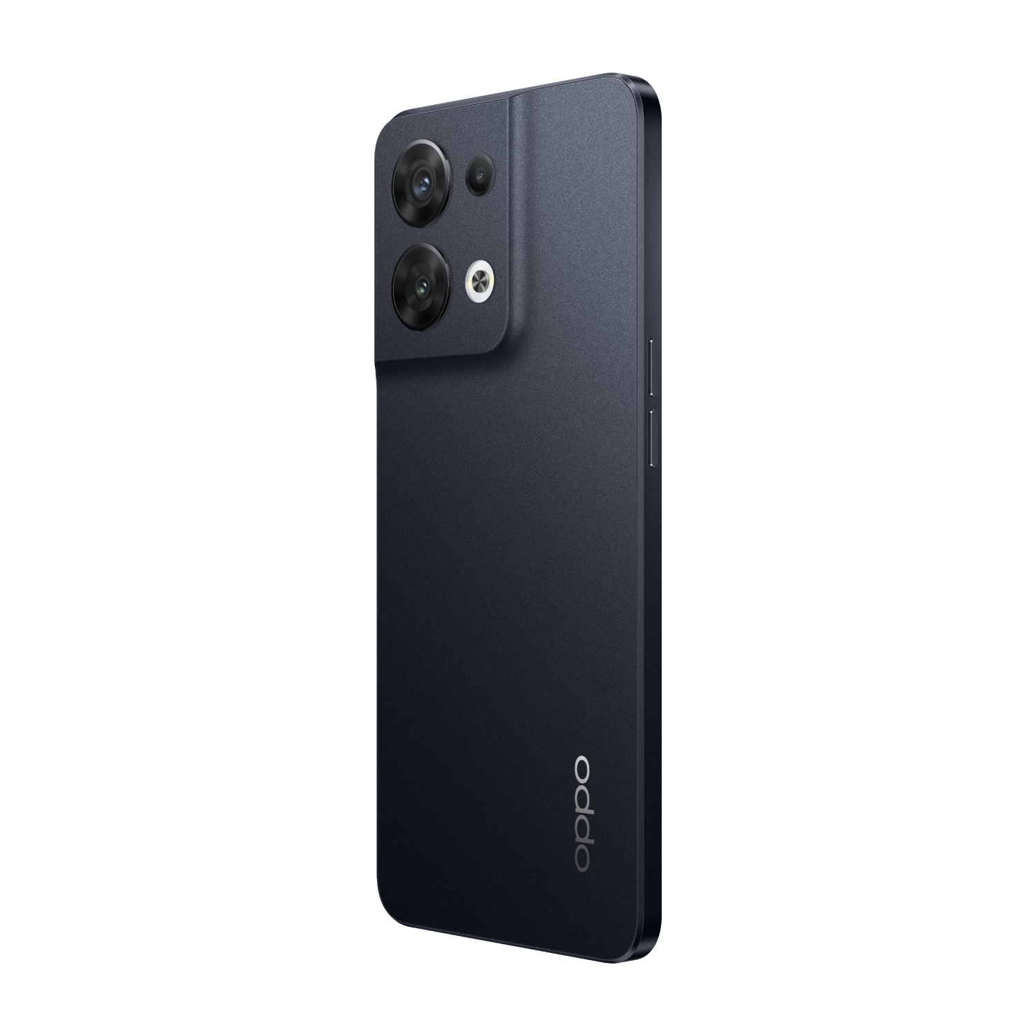 Teléfono Oppo azul oscuro sobre fondo negro. Con cámaras duales y logo Oppo.