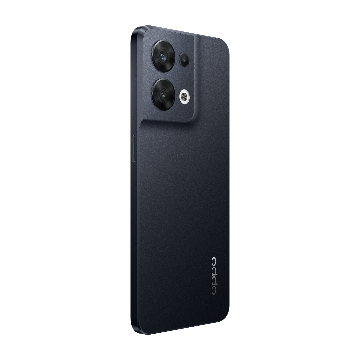 Parte trasera de un teléfono Oppo negro. Dos cámaras en la parte superior izquierda. Logotipo de Oppo abajo.