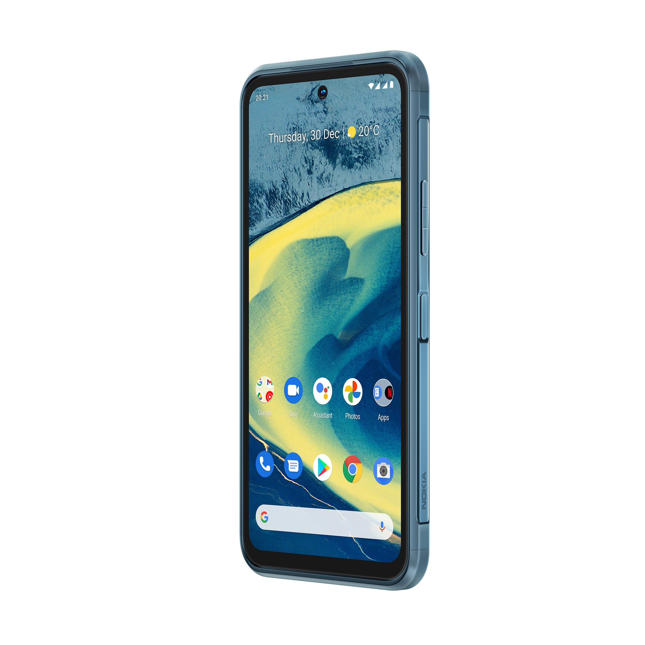 Niebieski telefon Nokia z ikonami aplikacji i datą. Białe tło.