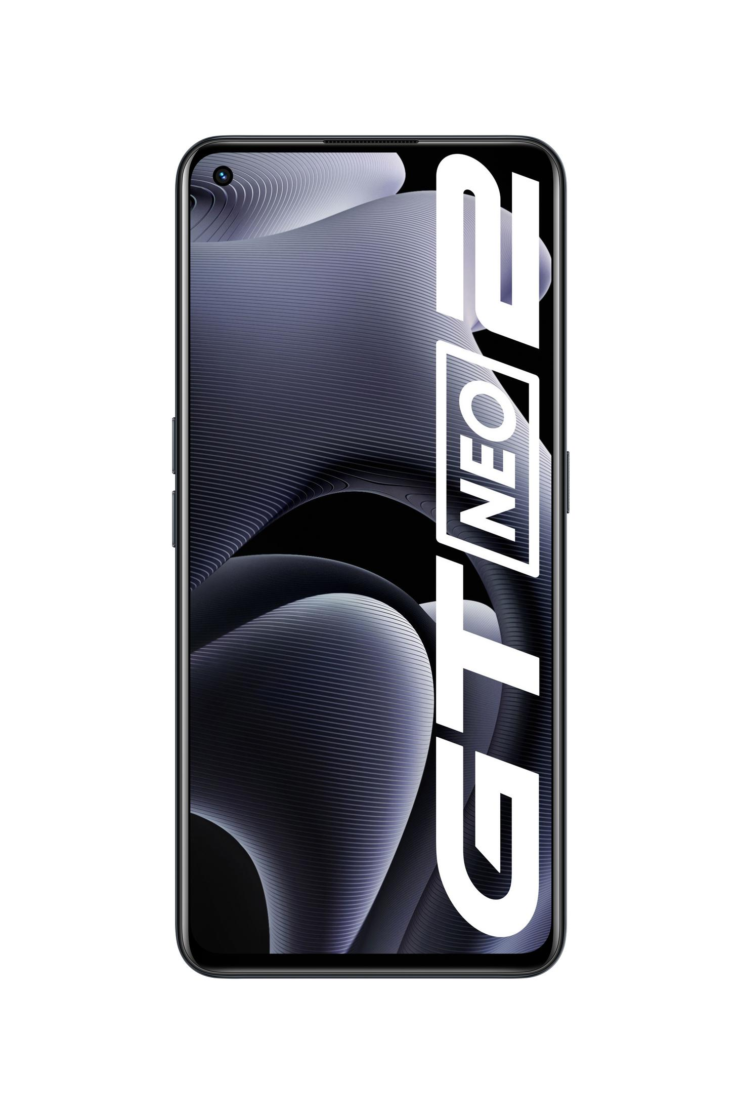 Smartphone mit den Worten GT NEO 2 auf dem Bildschirm. Der Hintergrund ist ein Wirbel.