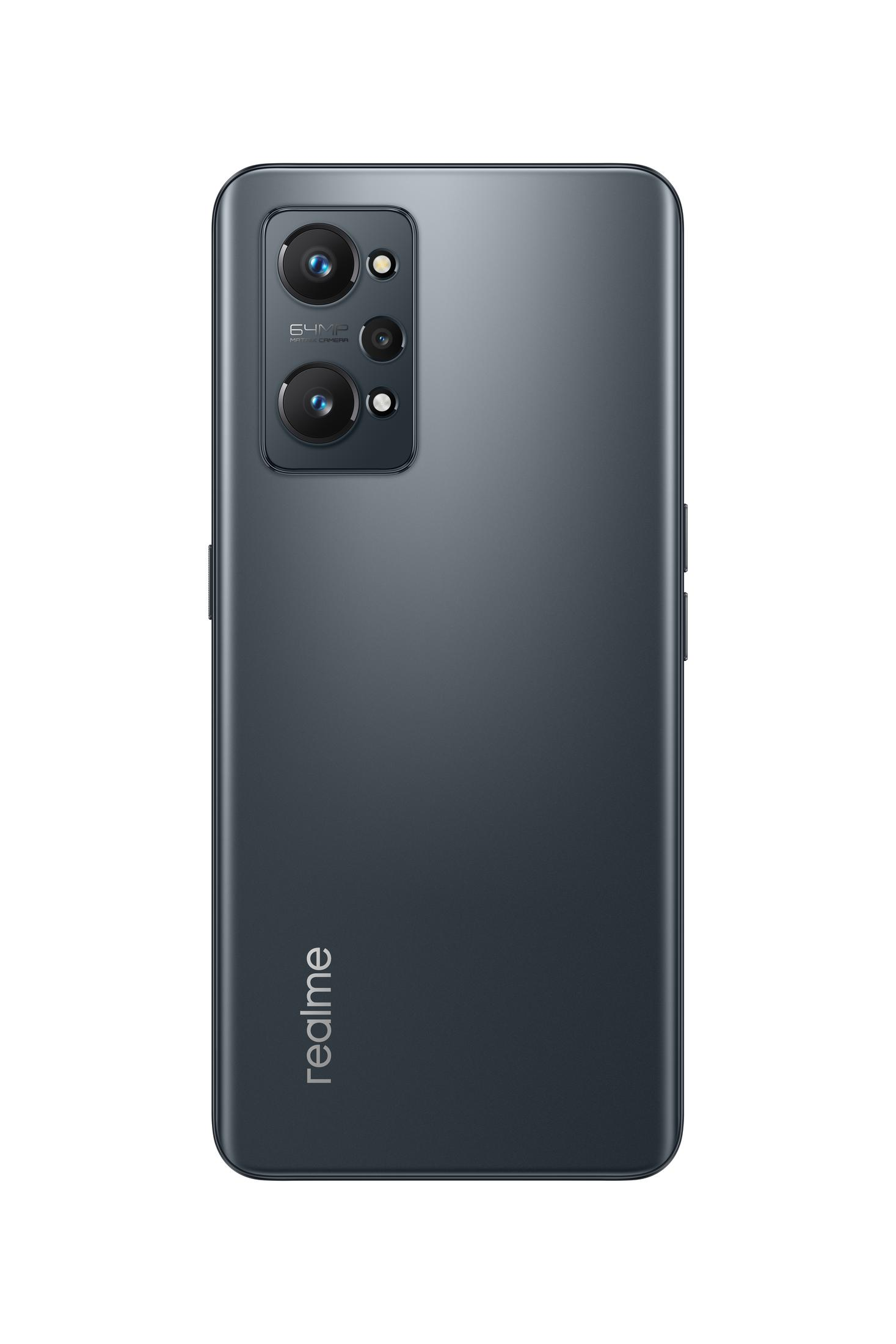 Rückseite eines grauen Smartphones mit drei Kameras und Realme-Logo auf weißem Hintergrund.