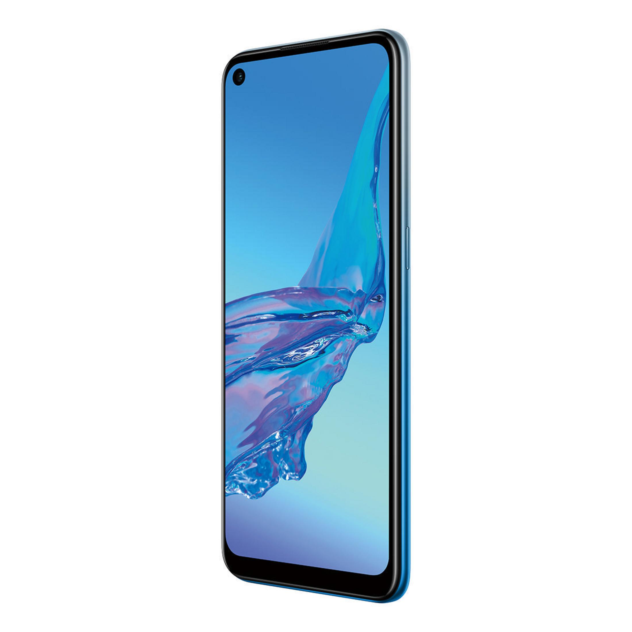 Un téléphone bleu en vue latérale, avec un écran bleu.