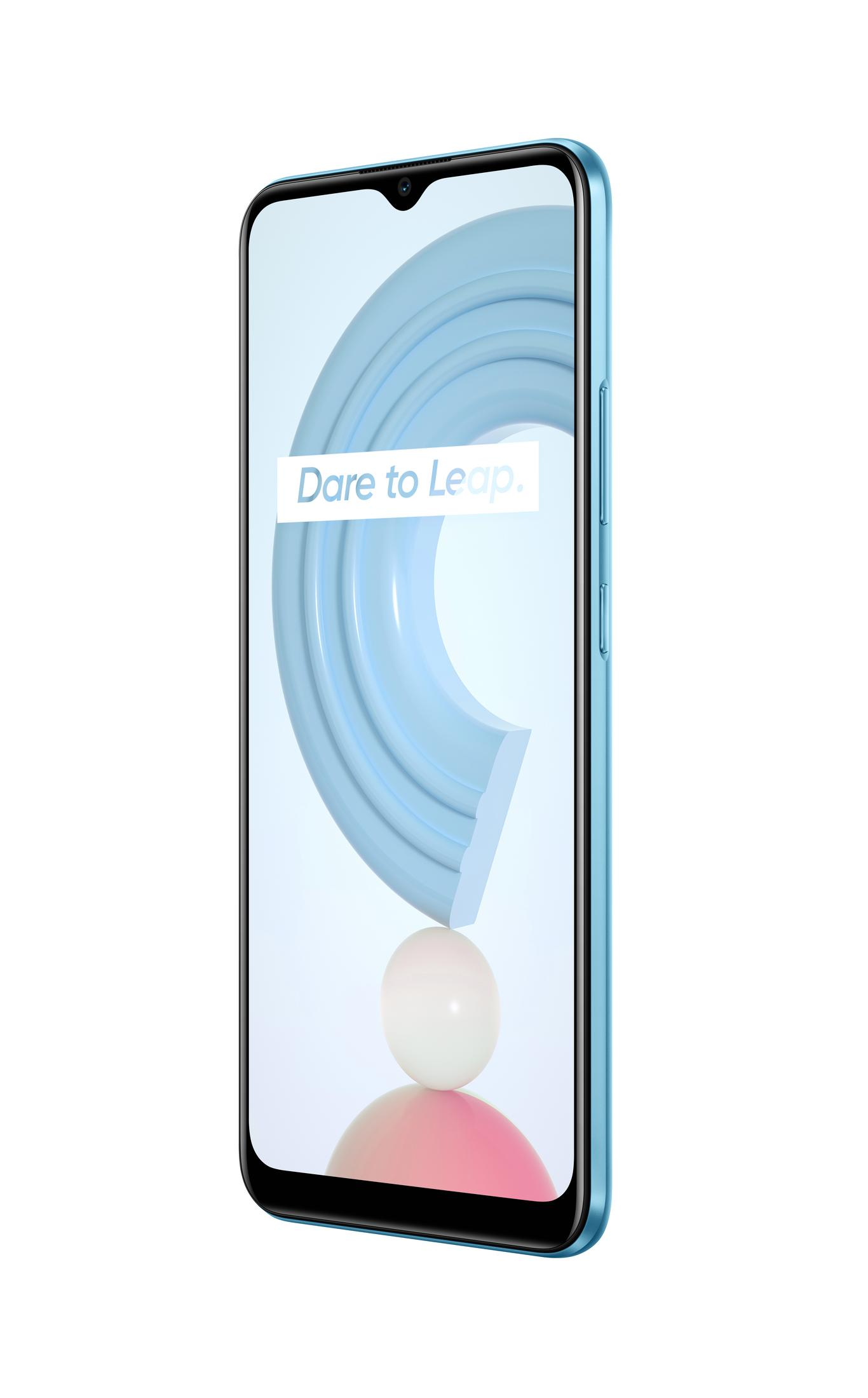 Blaues Smartphone, schräge Ansicht, mit weißem Hintergrund, mit den Worten 'Dare to Leap' auf dem Bildschirm.