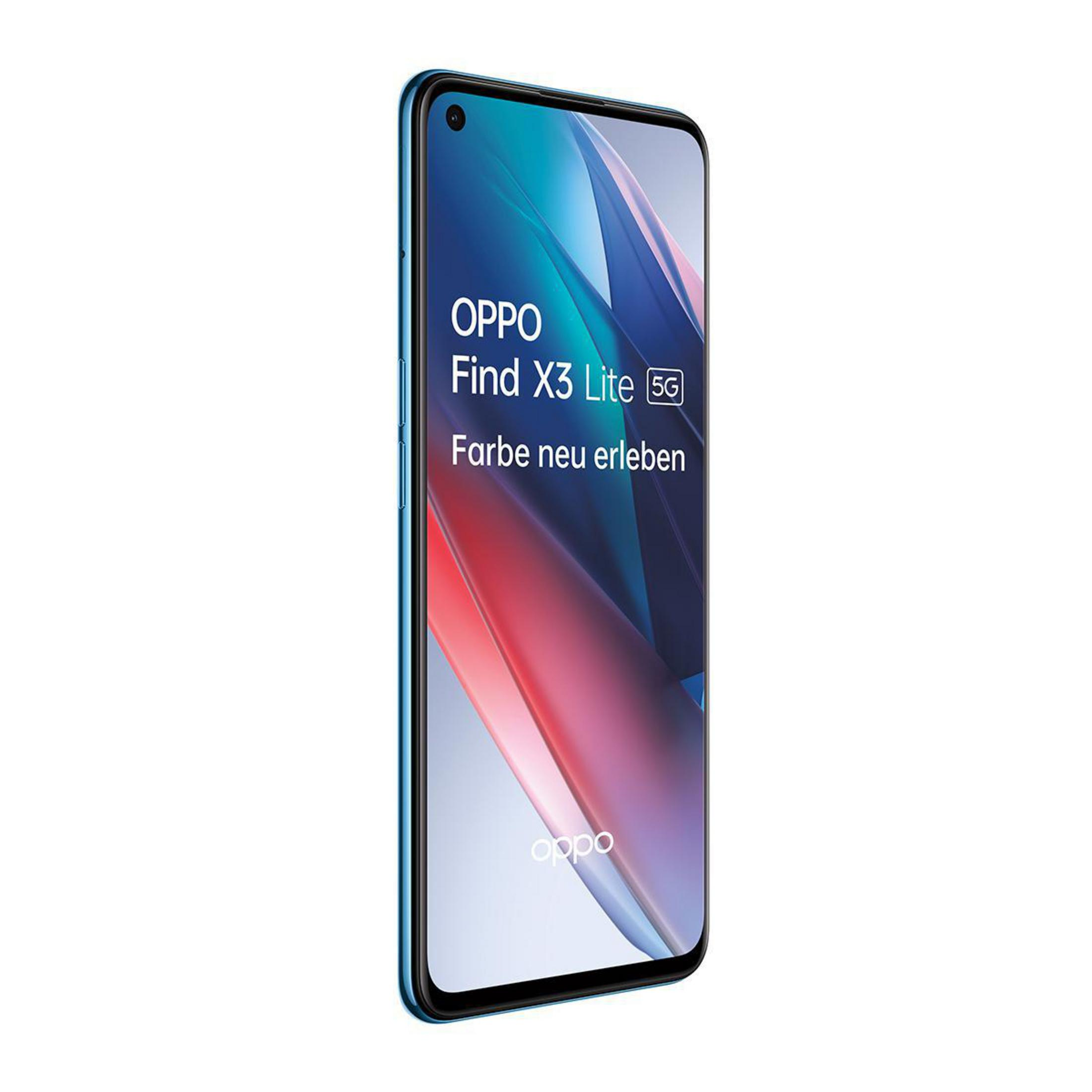 Niebieski telefon z tekstem na ekranie. OPPO Find X3 Lite 5G.