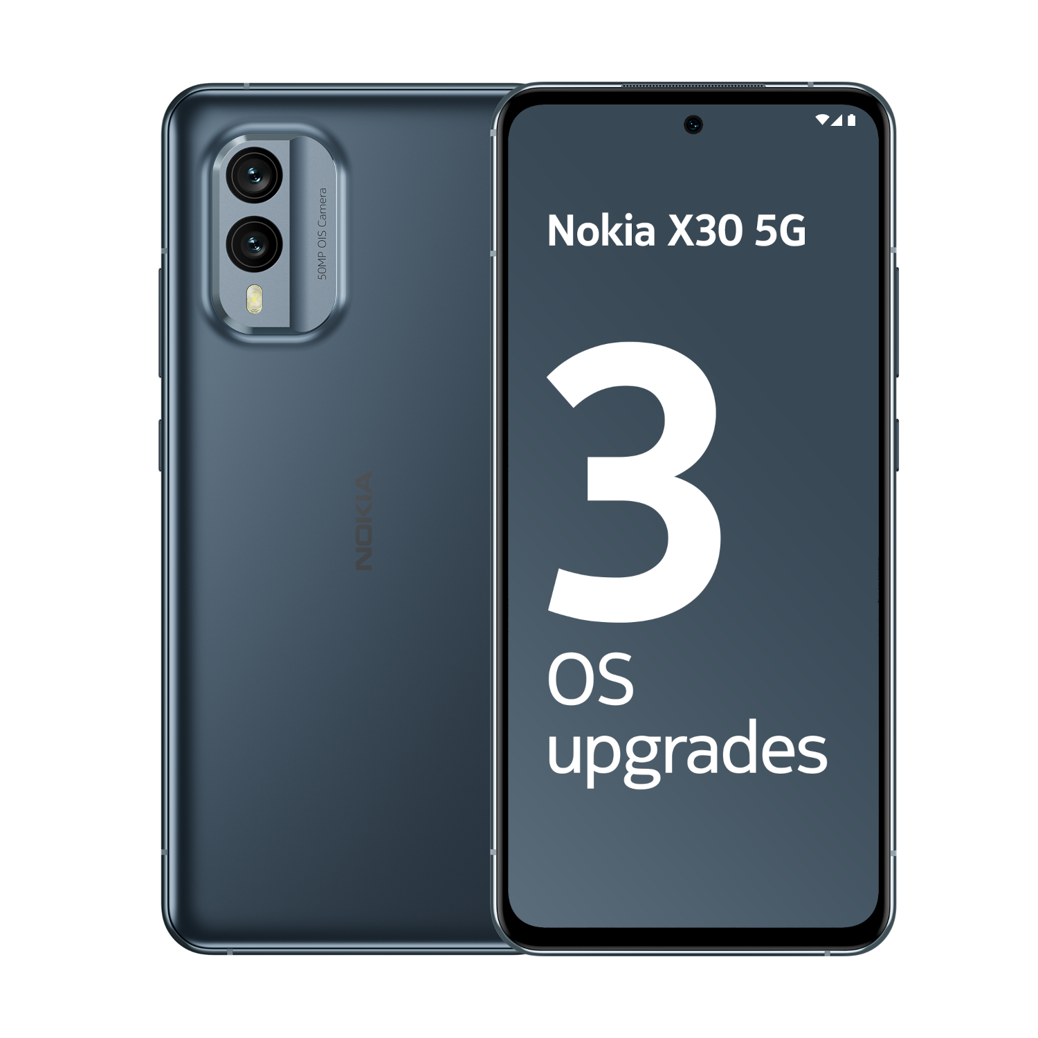 Niebieski smartfon z podwójnym aparatem z tyłu i ekranem z 'Nokia X30 5G' i '3 OS upgrades'.