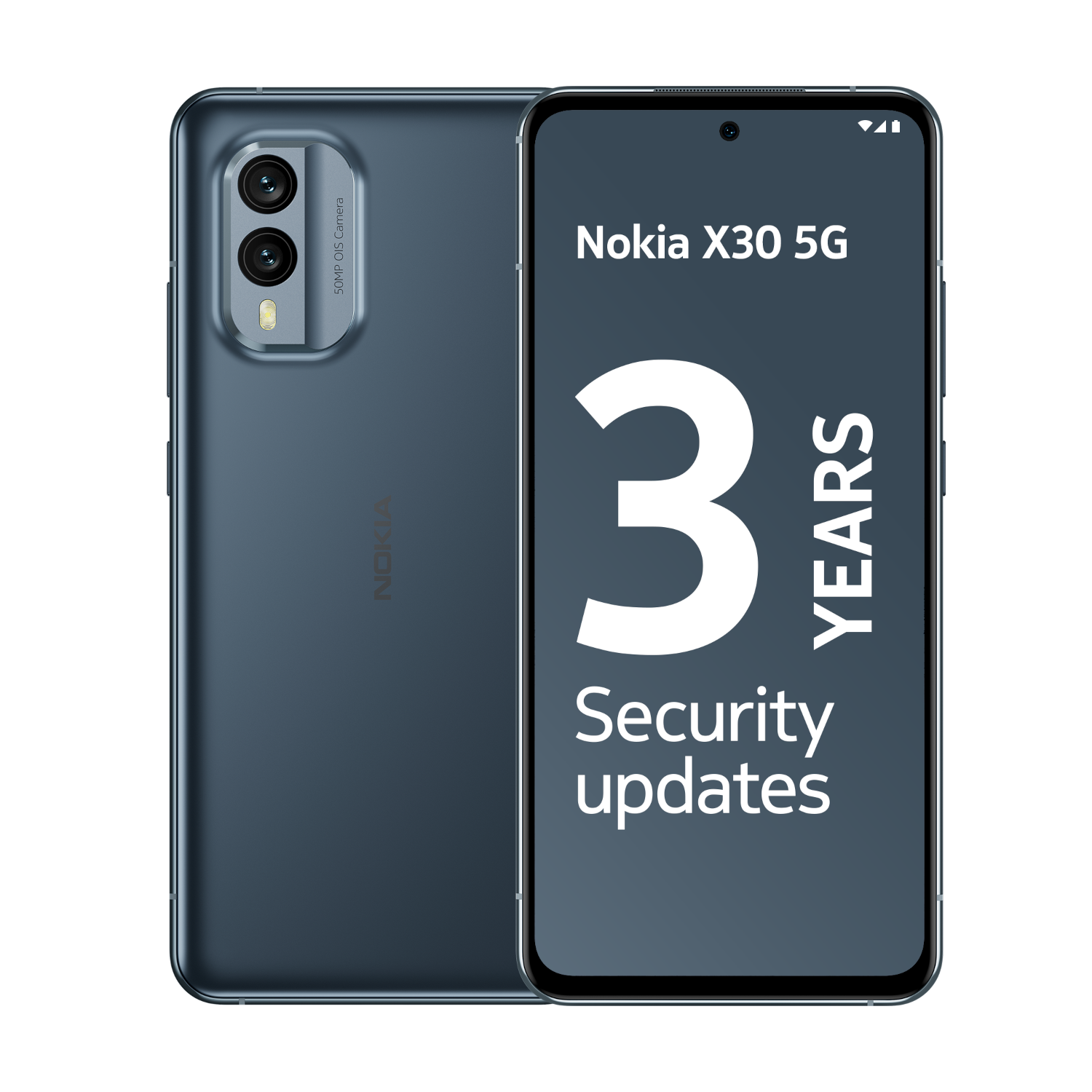 Telefon Nokia X30 5G z tekstem na ekranie. Czarne tło.