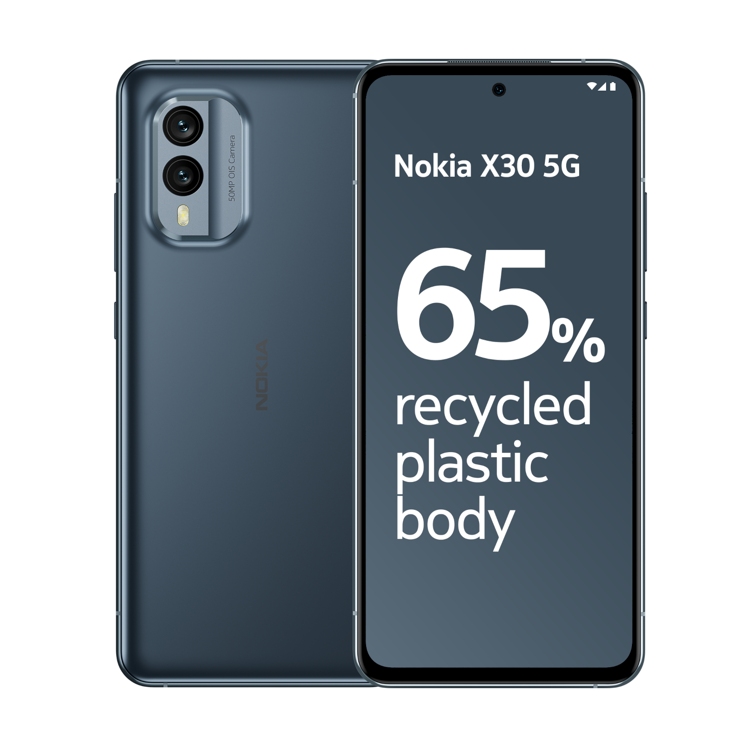 Telefon Nokia X30 5G. Pokazuje telefon i jego tył z tekstem o plastiku z recyklingu.