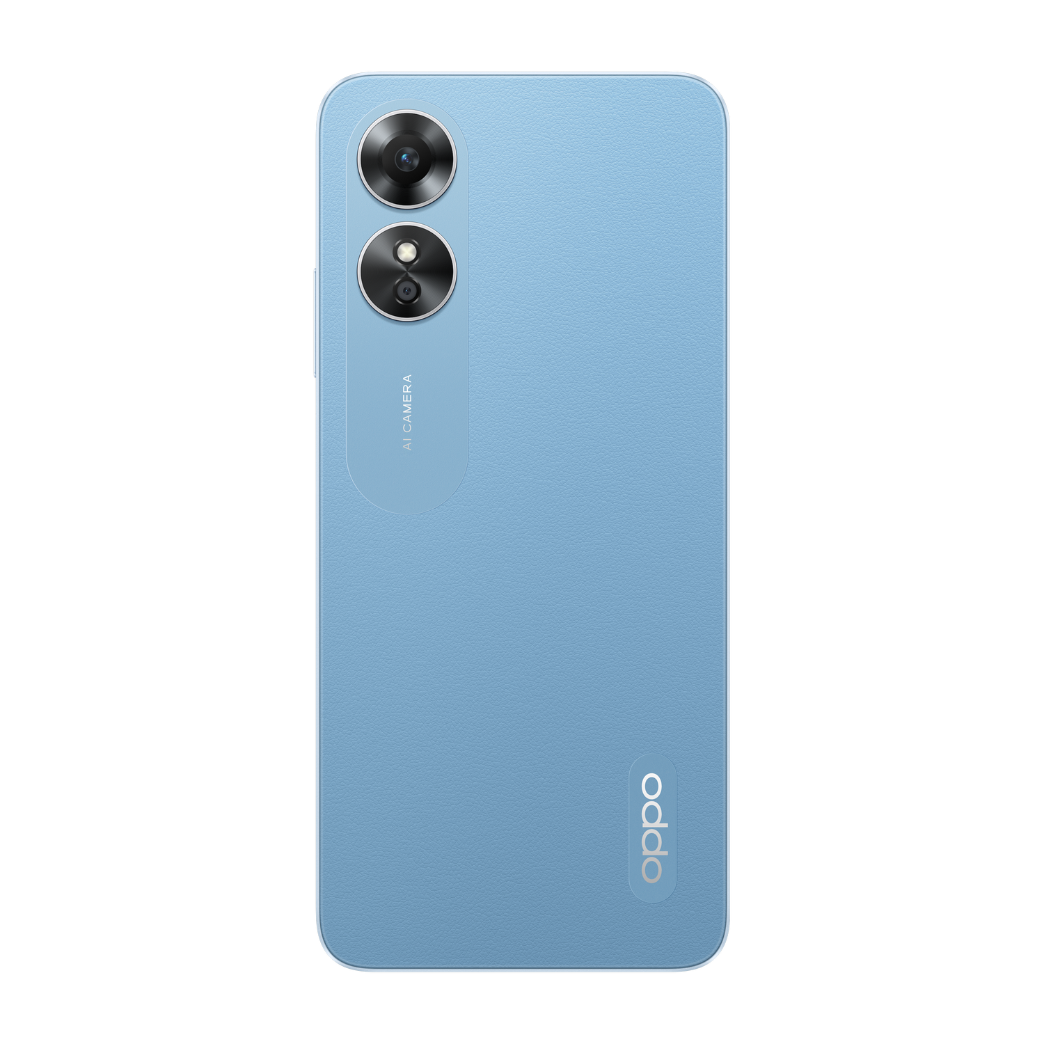 Parte trasera de teléfono Oppo azul claro con cámara y etiqueta AI camera. Fondo negro.