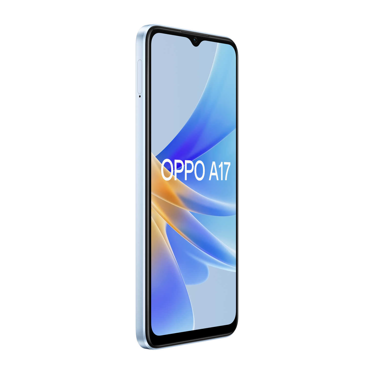Teléfono Oppo A17 con marco azul claro, fondo negro.