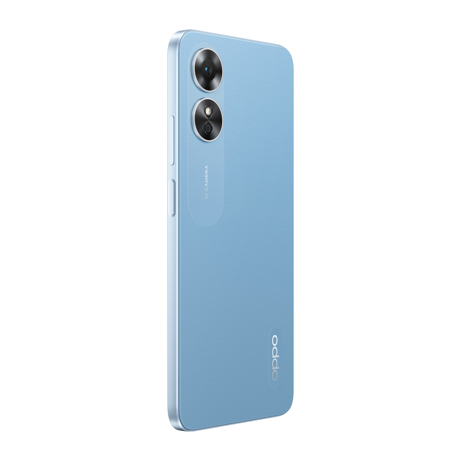 Un teléfono Oppo en azul se muestra desde un ángulo lateral. Tiene dos cámaras y el nombre de la marca.