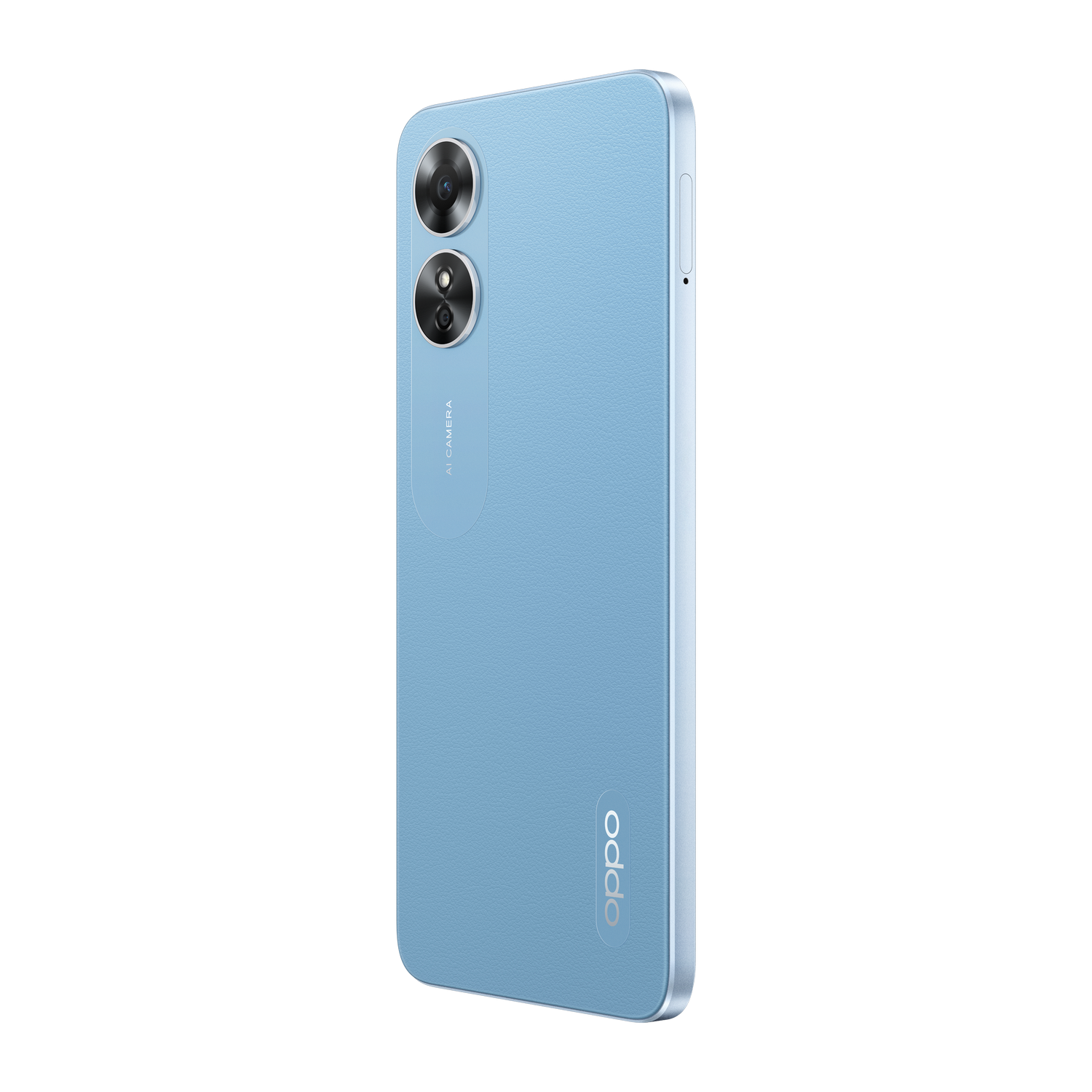 Teléfono Oppo azul claro. Vista trasera, con dos cámaras, texto de cámara AI y logotipo Oppo.