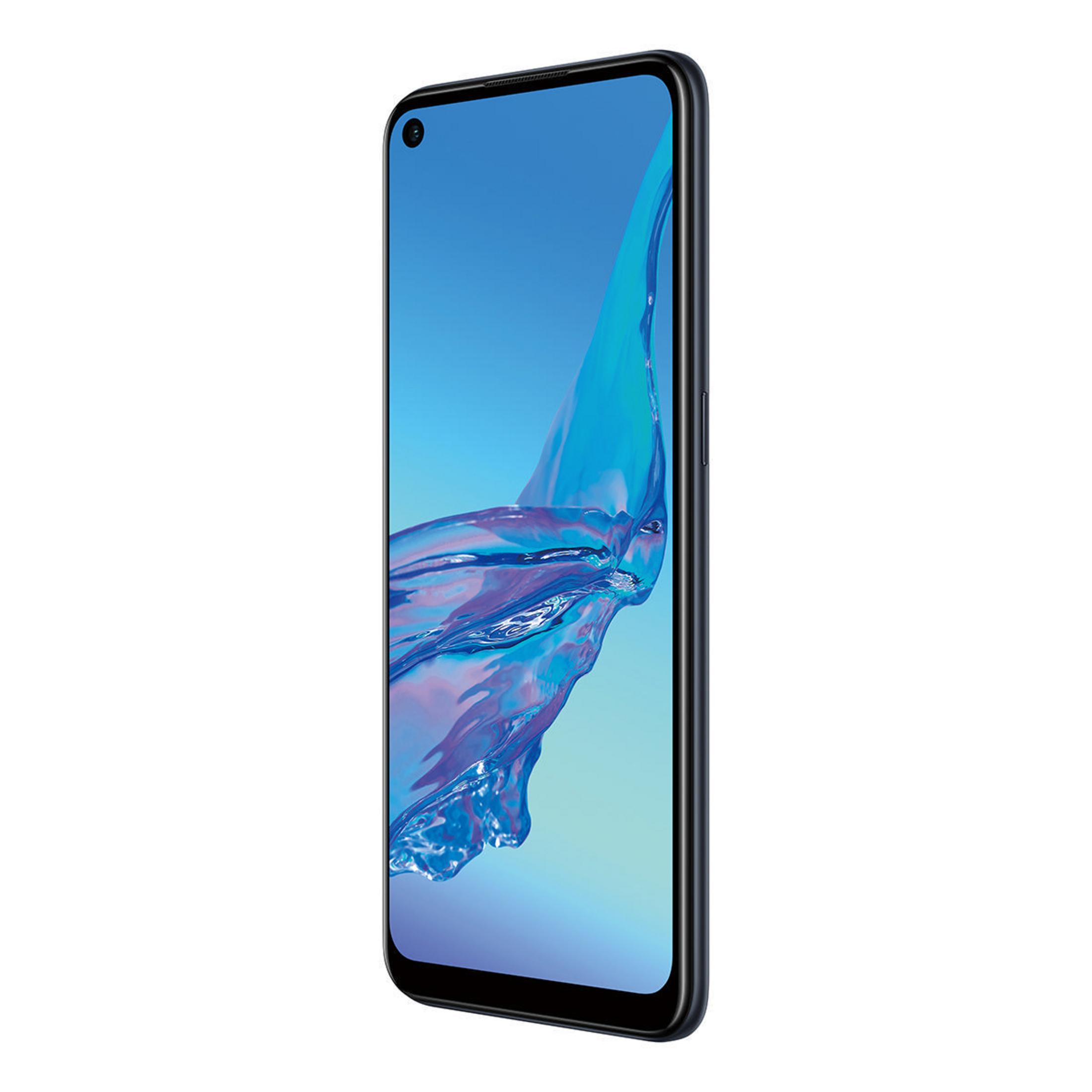Schwarzes Smartphone, Seitenansicht. Bildschirm an, blauer Hintergrund, schwarzer Rahmen.