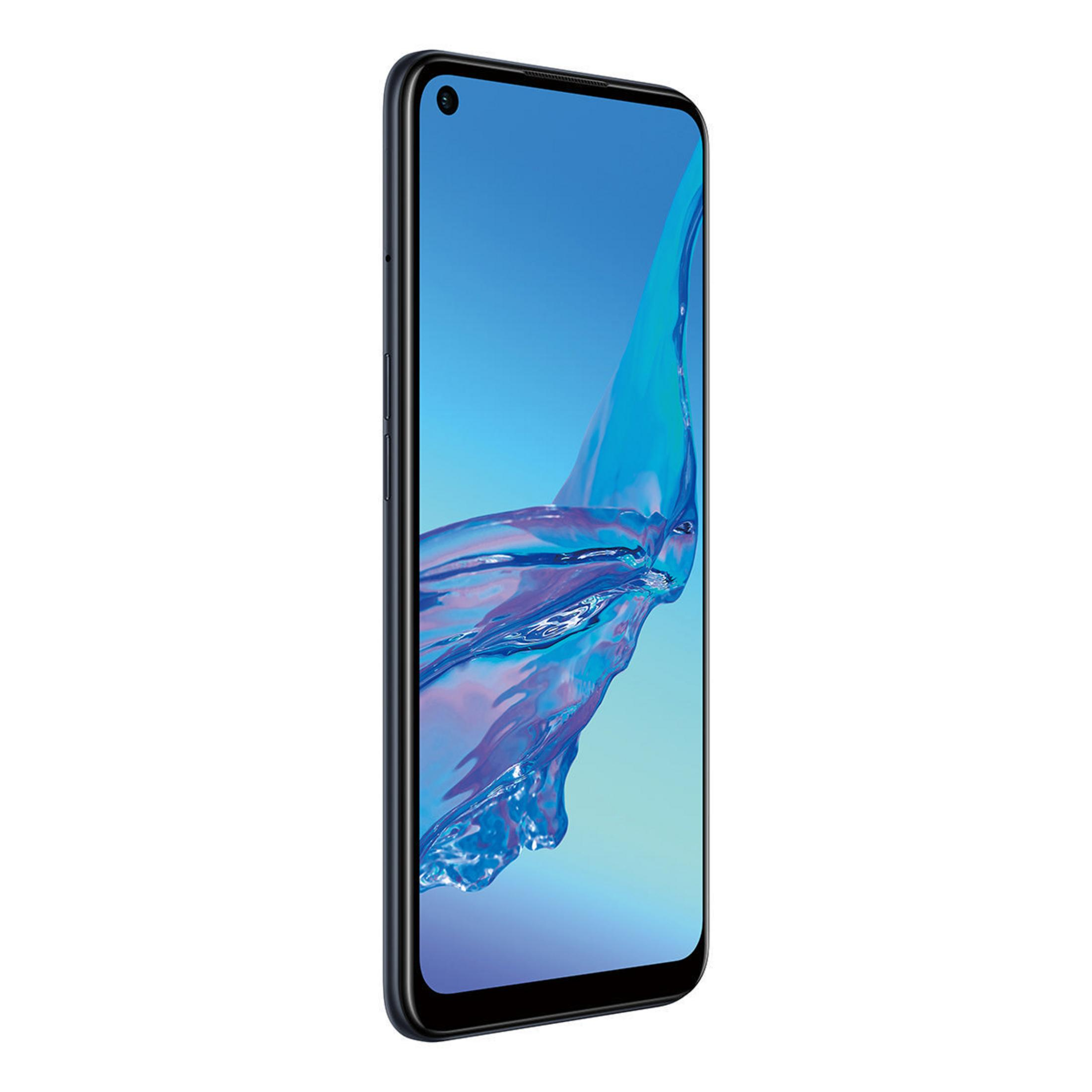 Dunkelblaues Smartphone mit gebogenem Bildschirm, der ein blaues Wellendesign zeigt. Seitentasten sichtbar. Weißer Hintergrund.