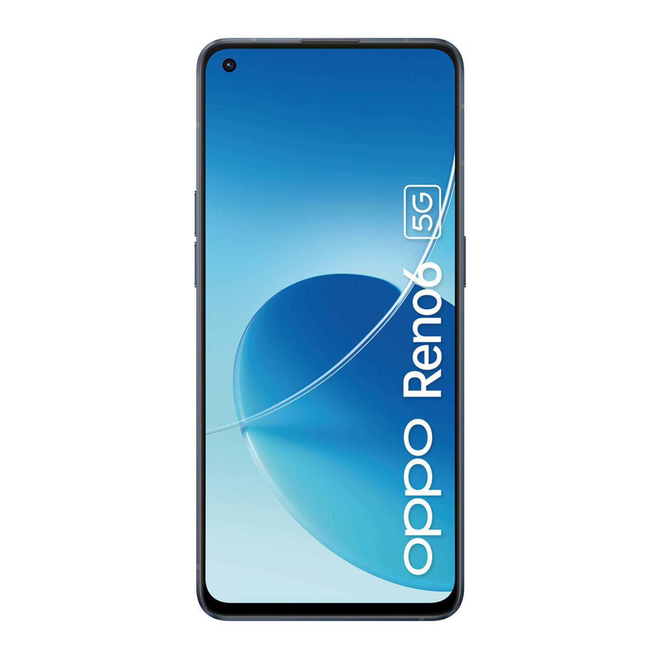 Smartfon Oppo Reno6 5G z niebiesko-białym tłem.