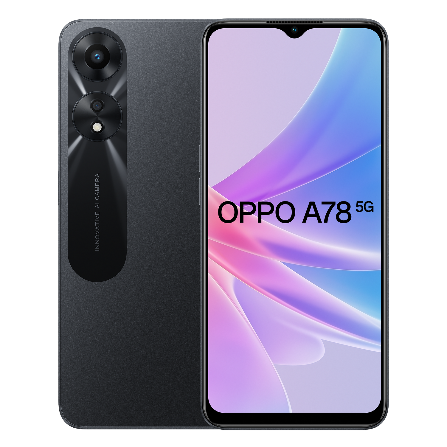 Czarny smartfon z podwójnym aparatem i logo Oppo A78 5G na ekranie. Telefon jest czarny.