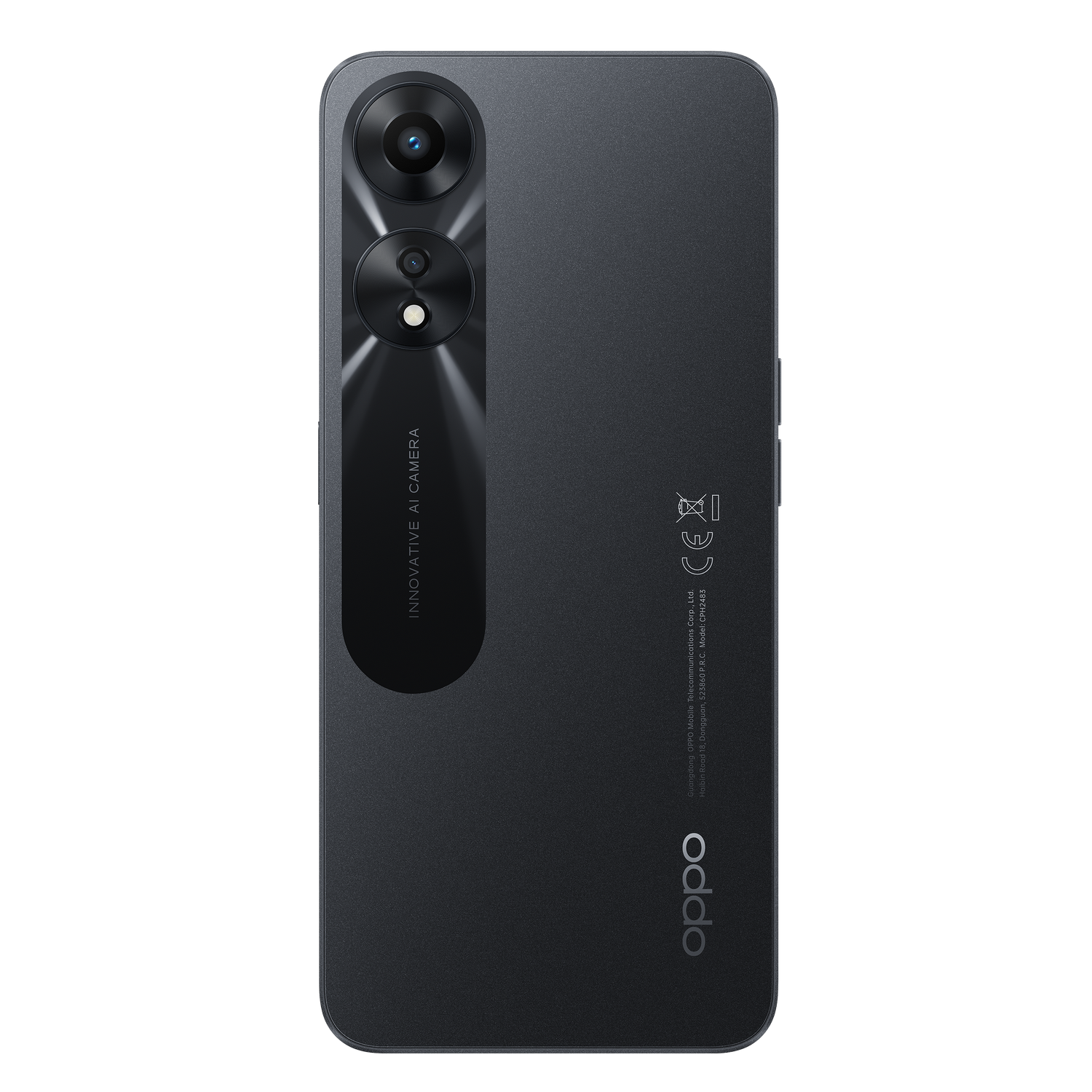 Czarny smartfon z modułem aparatu i logo Oppo z tyłu. Ma tekst Innovative AI Camera.