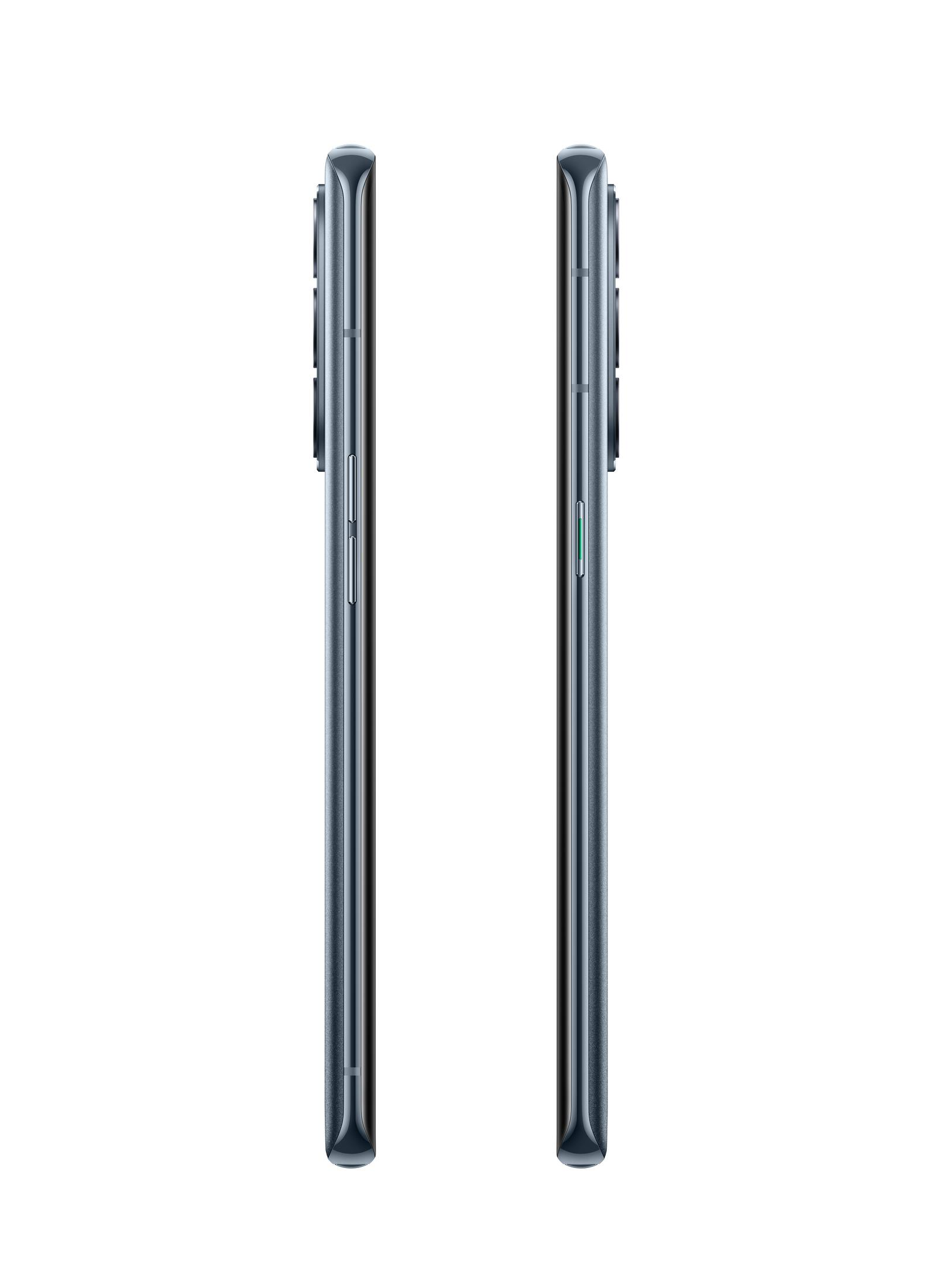 Dwa telefony z boku, pokazujące przyciski głośności i obiektywy aparatu. Białe tło.