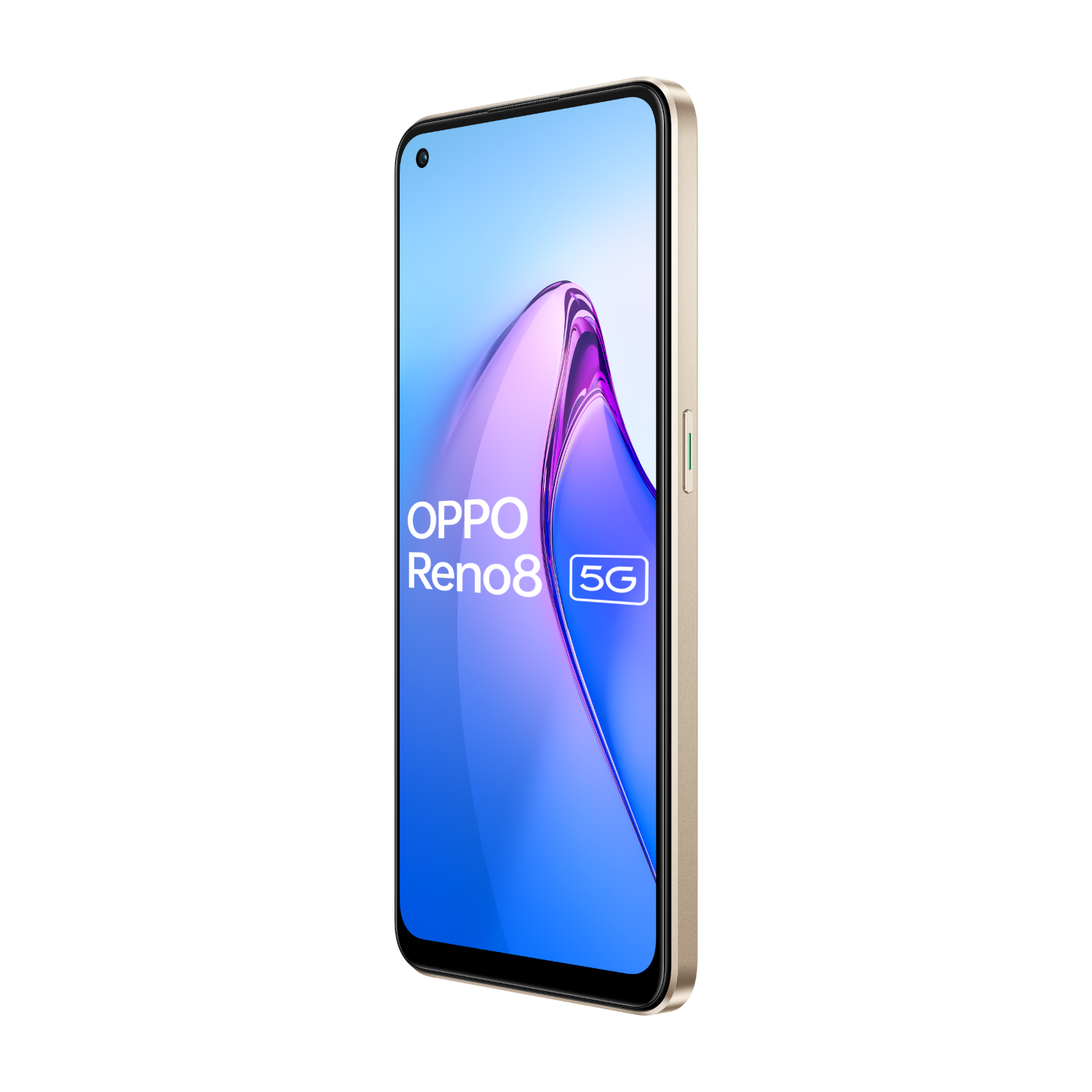 Ein Oppo Reno8 5G Telefon im Profil, mit einem blau-rosa Bildschirm.