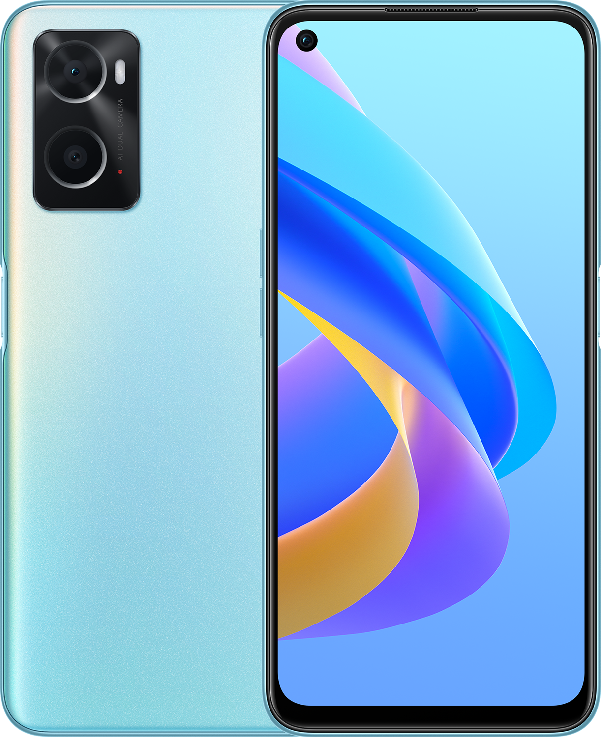 Un teléfono azul y celeste con su pantalla mostrando formas abstractas coloridas. El teléfono tiene cámaras duales.